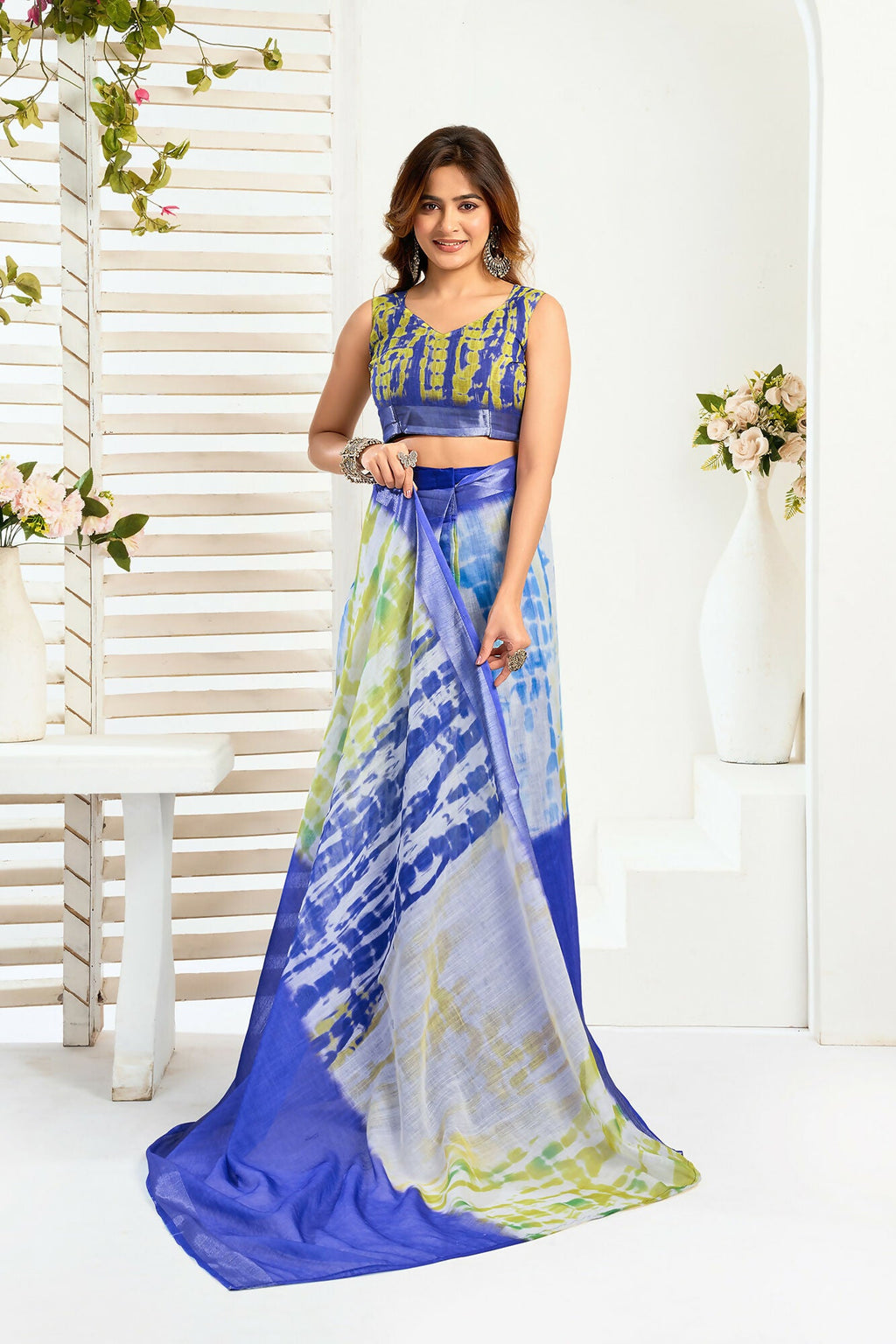 Vastranavya Blue Digital Printed Linen Ready To Wear Designer Saree with Unstitched Blouse