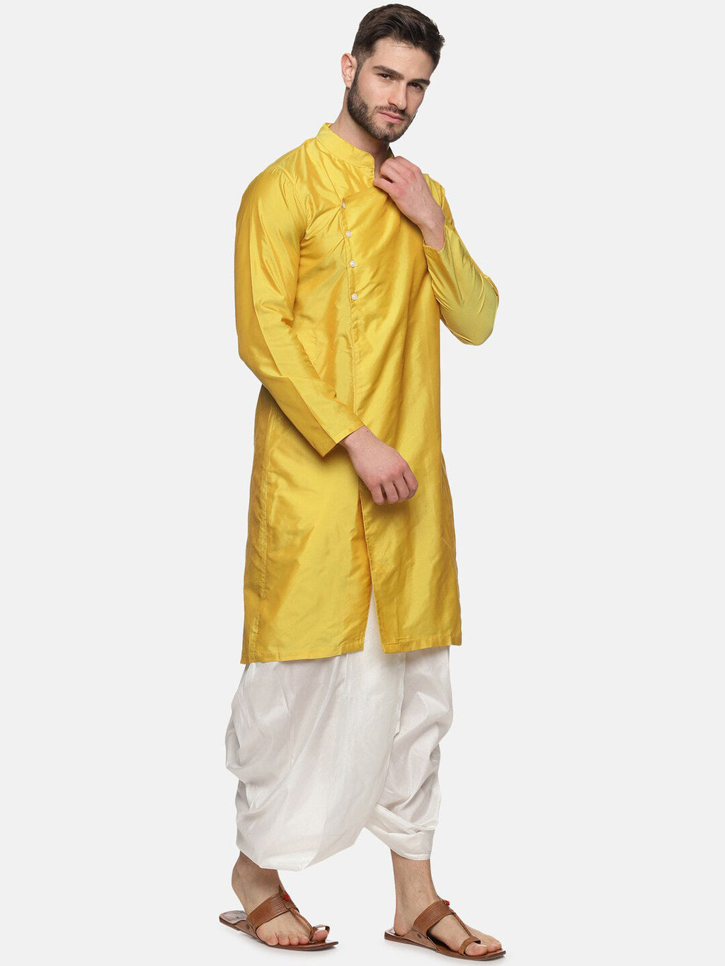 Sethukrishna Men Yellow Angrakha Top with Dhoti Pants