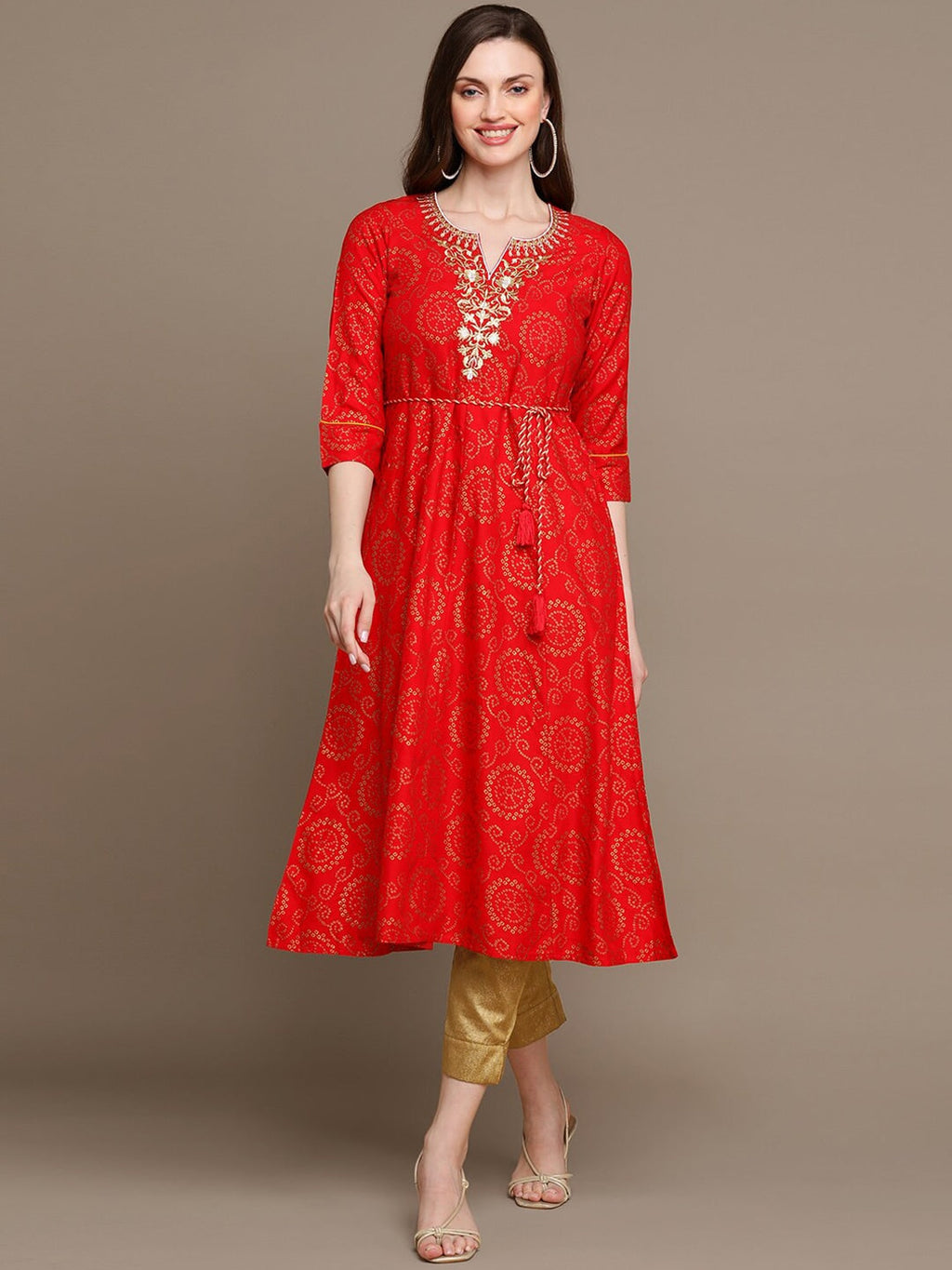 HERE&NOW Bandhani Printed Thread Work Embroidered Anarkali Kurta