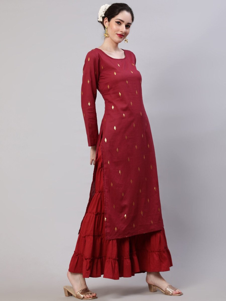 Aks Woven Design Round Neck Zari Cotton A-Line Kurta