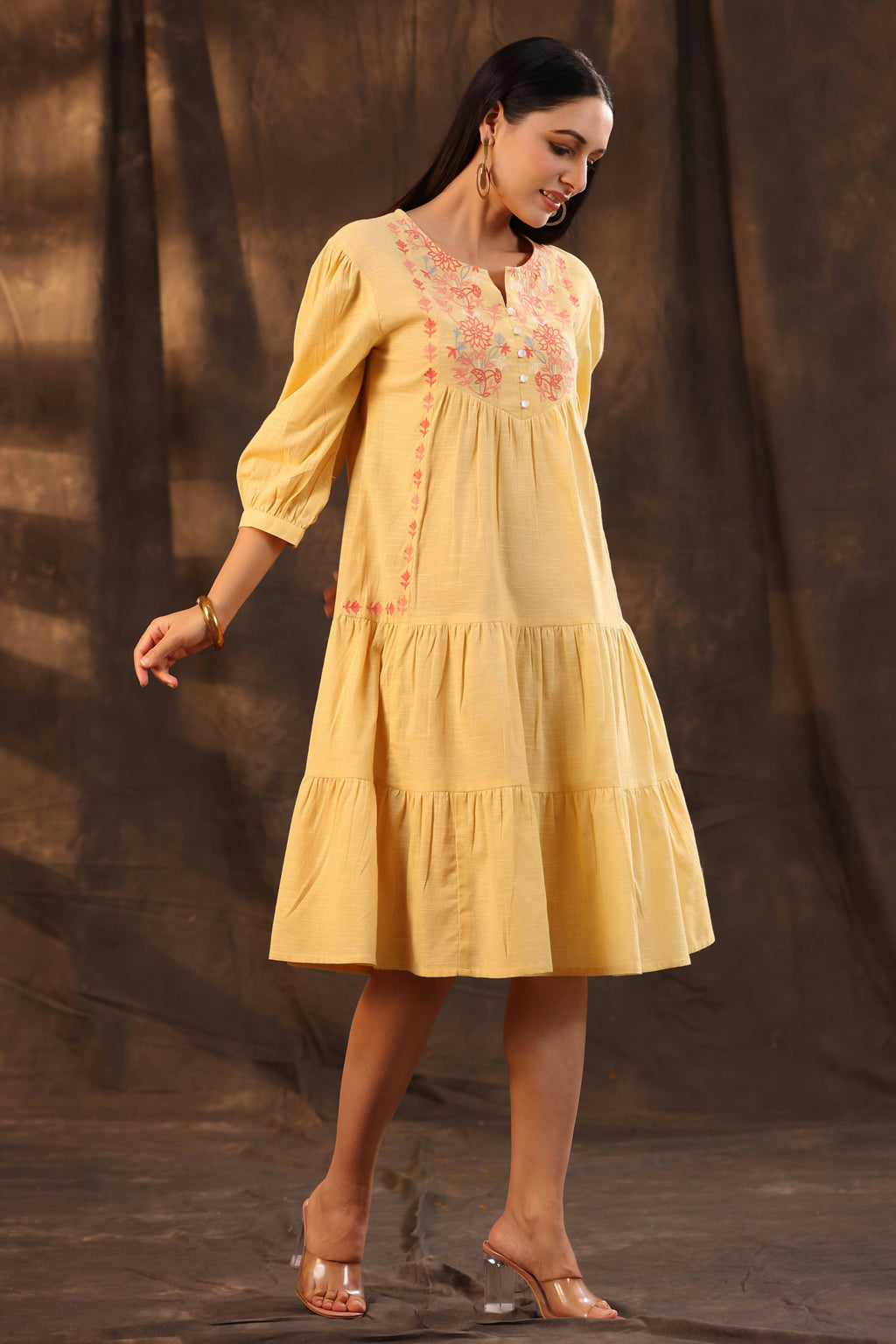 Juniper Women's Yellow Cotton Slub Solid Embroidered Tiered Dress