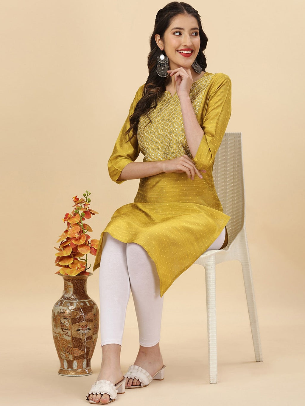 HERE&NOW Yellow Woven Design Mirror Work Straight Kurta