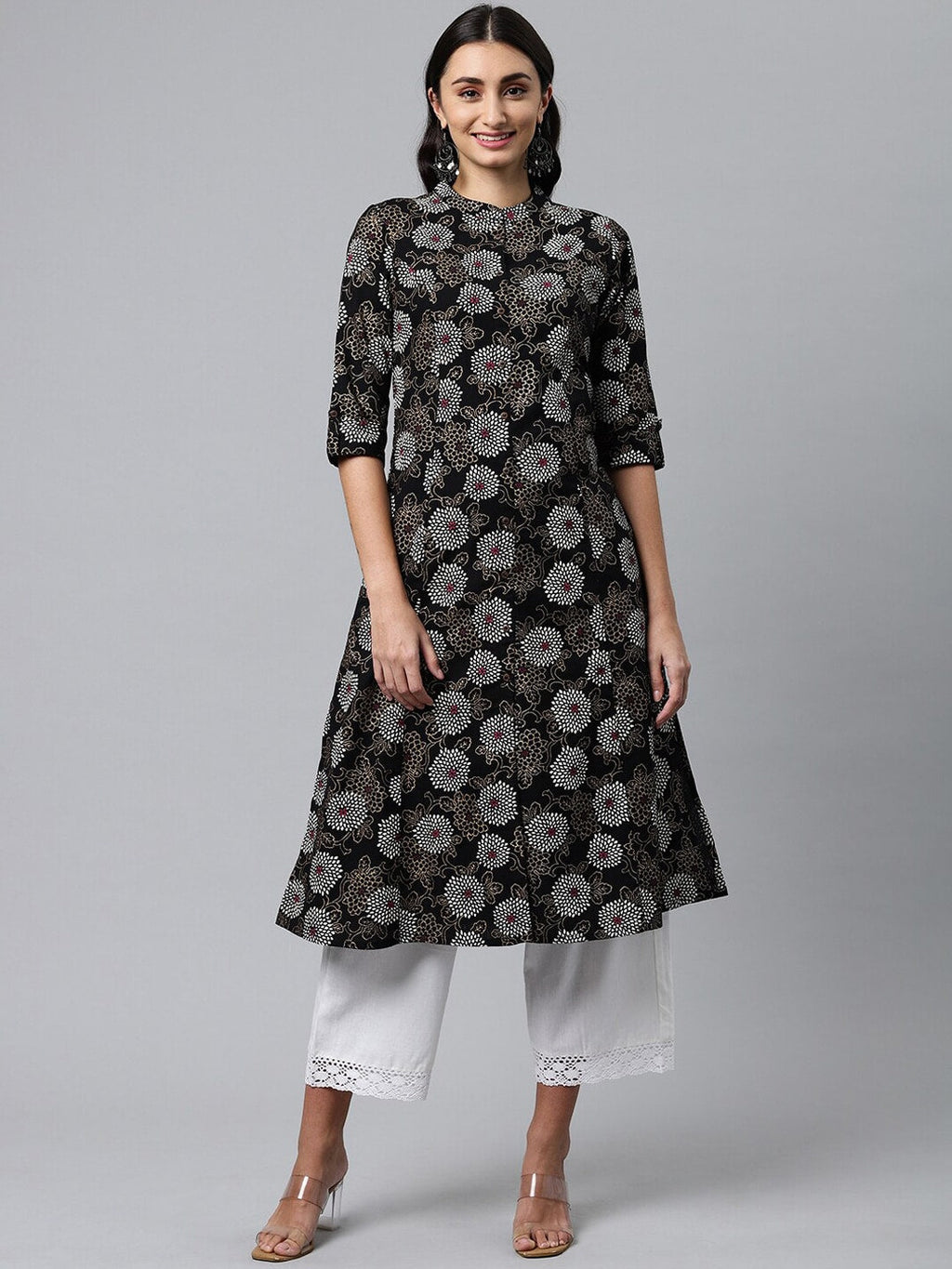 HERE&NOW Mandarin Collar Floral Printed Cotton Kurta