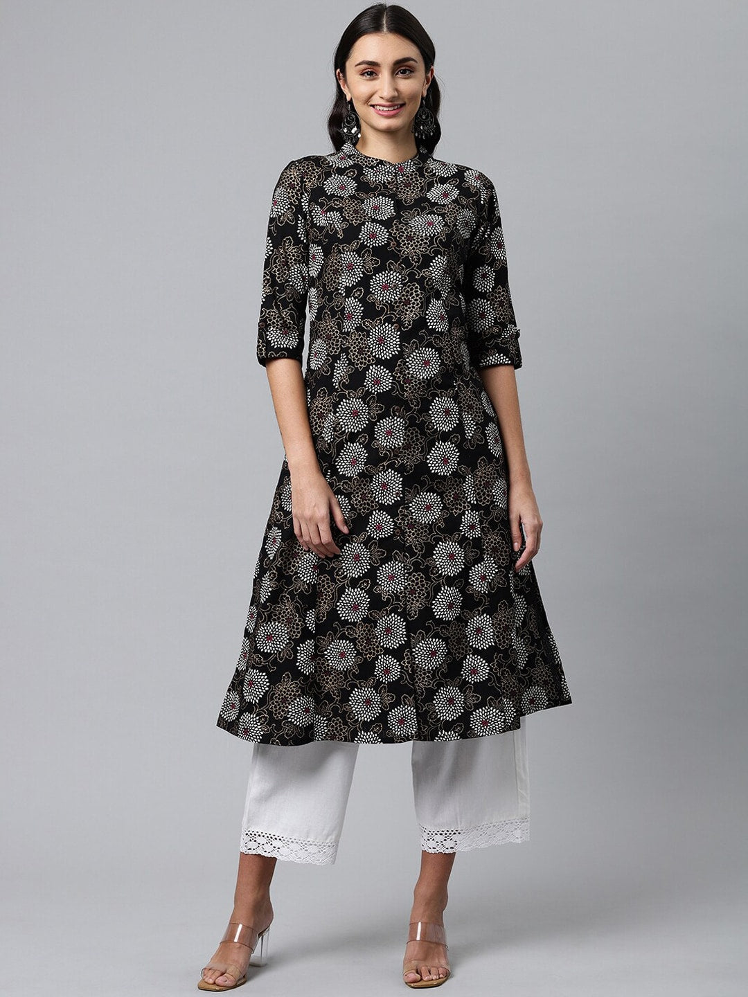 HERE&NOW Mandarin Collar Floral Printed Cotton Kurta