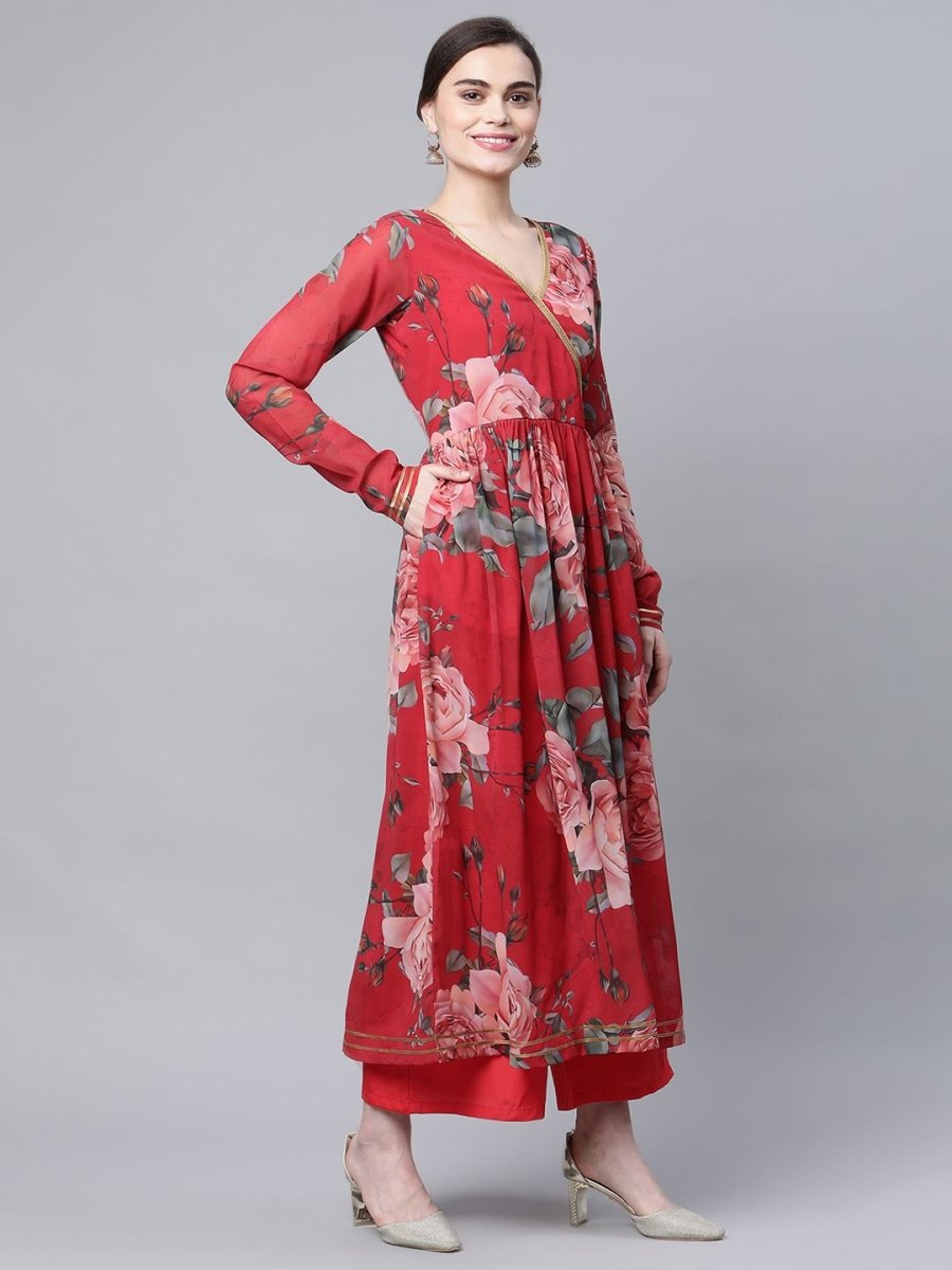 Ahalyaa Women Red Georgette Digital Floral Printed Kurta Palazzo Set