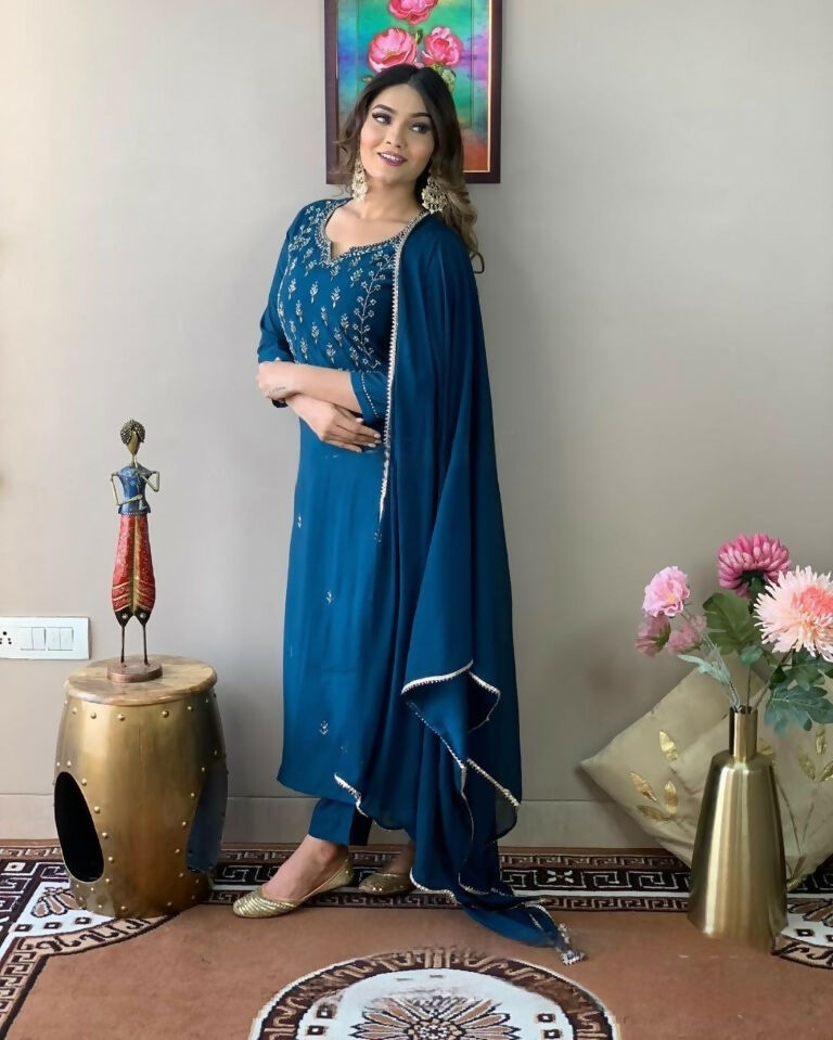 Ethnic Festive Wear Reyon Slub Rama Stitched Suit With Dupatta - Tanisha