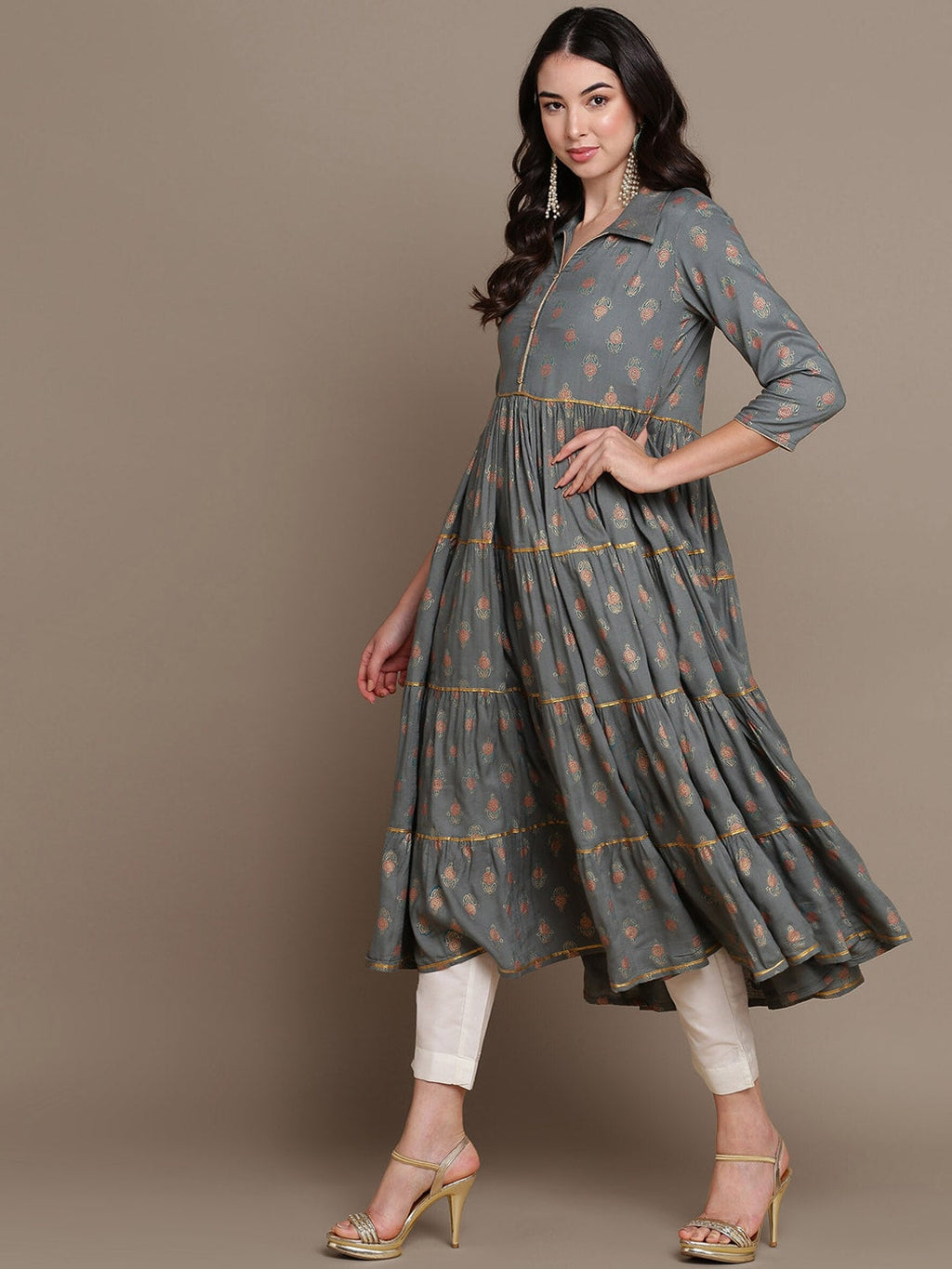 HERE&NOW Ethnic Motifs Printed Shirt Collar Tiered Pure Cotton A-Line Kurta