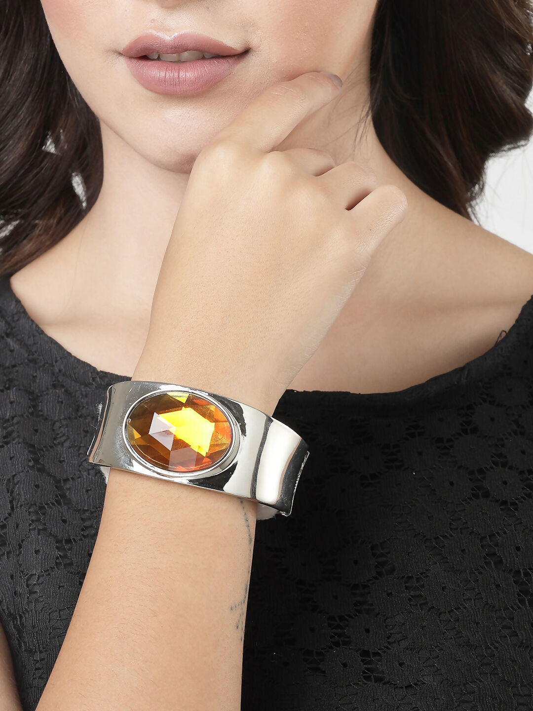 NVR Women Silver-Toned Topaz Rhodium-Plated Kada Bracelet