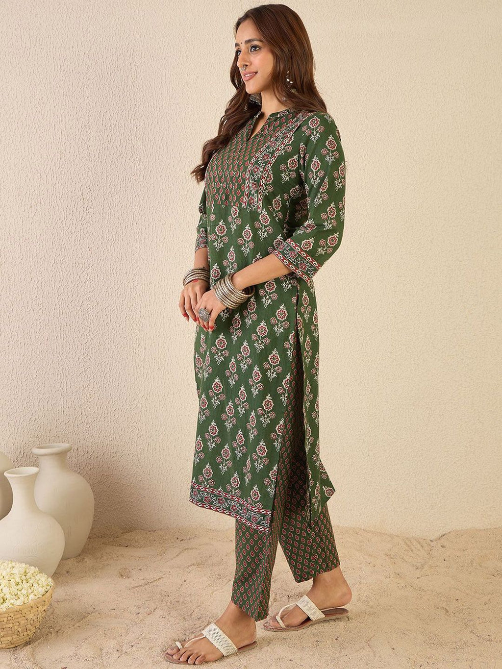 Indo Era Women Floral Printed Regular Sequinned Detail Pure Cotton Kurta with Trousers