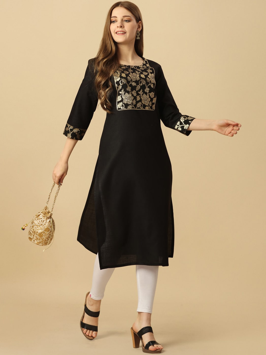 HERE&NOW Black & Gold Square Neck Yoke Design Cotton Kurta