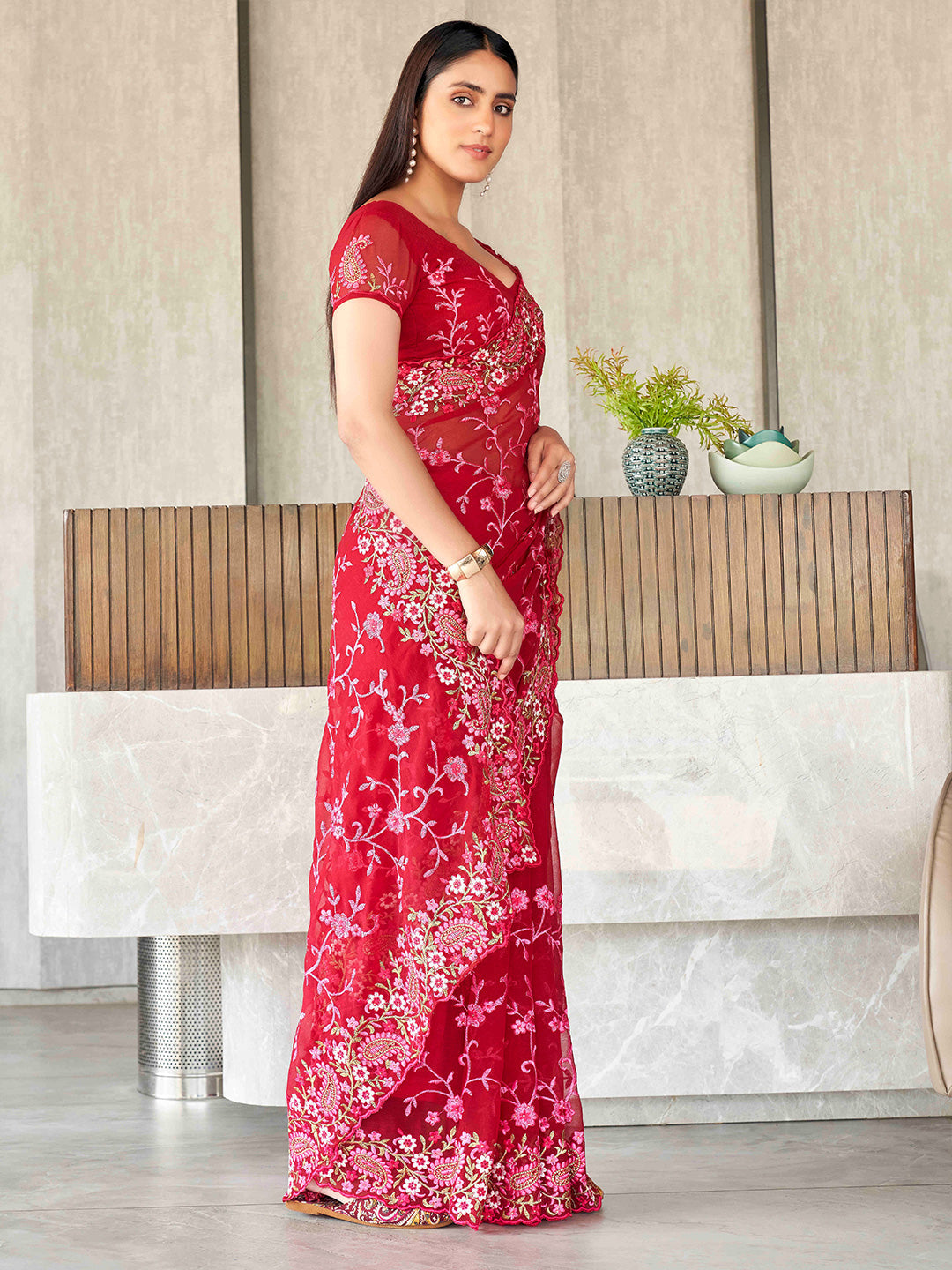 Tikhi Imli Floral Embroidered Chiffon Heavy Work Saree