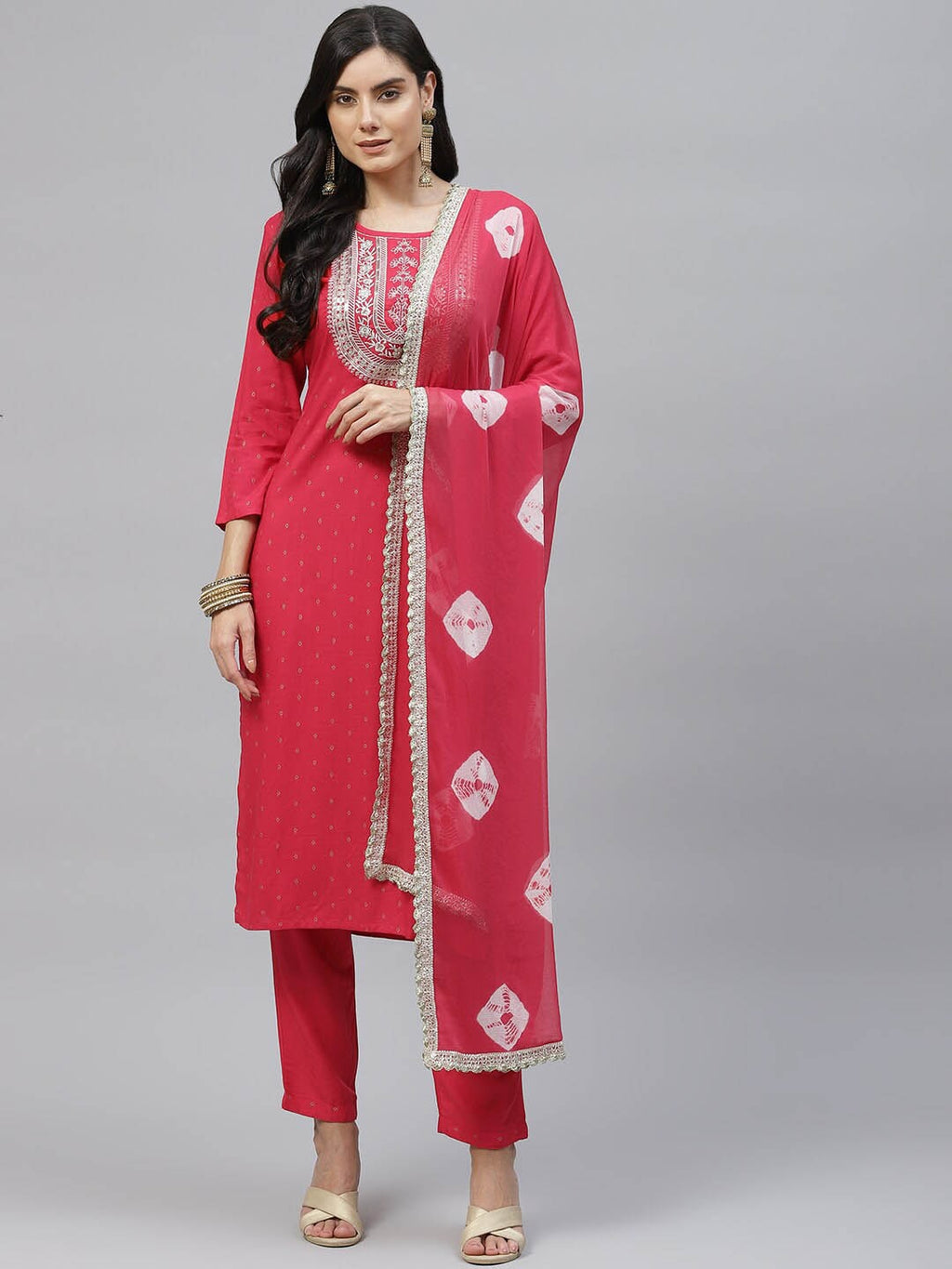 HERE&NOW Women Red Embroidered Kurta with Trousers & With Dupatta