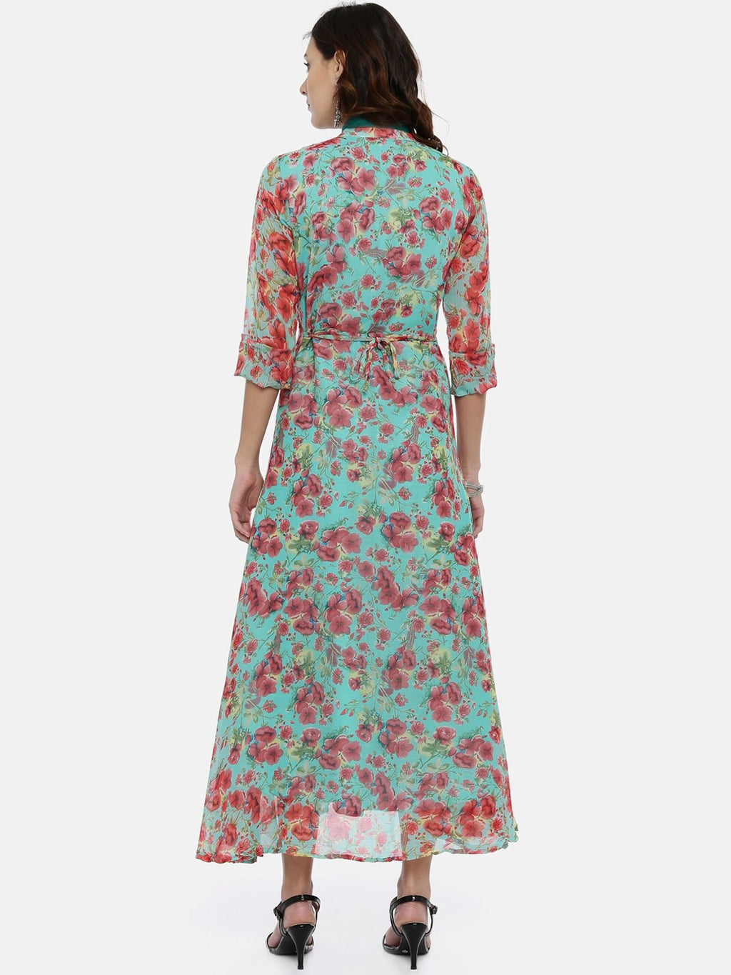 Souchii Turquoise Blue & Pink Floral Print Ethnic Maxi Dress