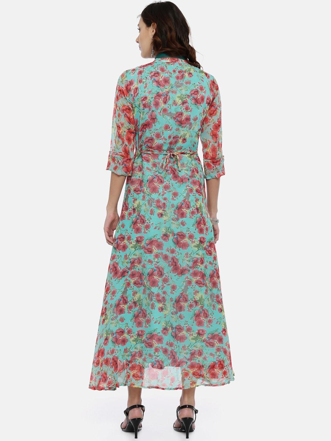 Souchii Turquoise Blue & Pink Floral Print Ethnic Maxi Dress