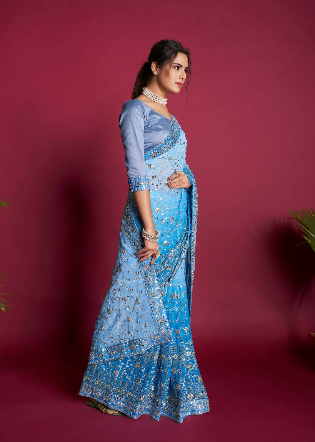 Vamsee Blue & White Georgette Designer Saree