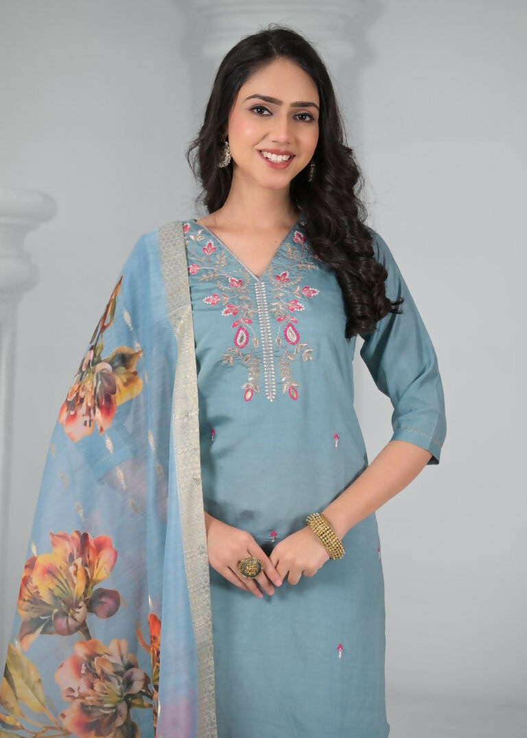 Ethnic Festive Wear Chanderi Viscose Sky Stitched Suit With Dupatta - Tanisha