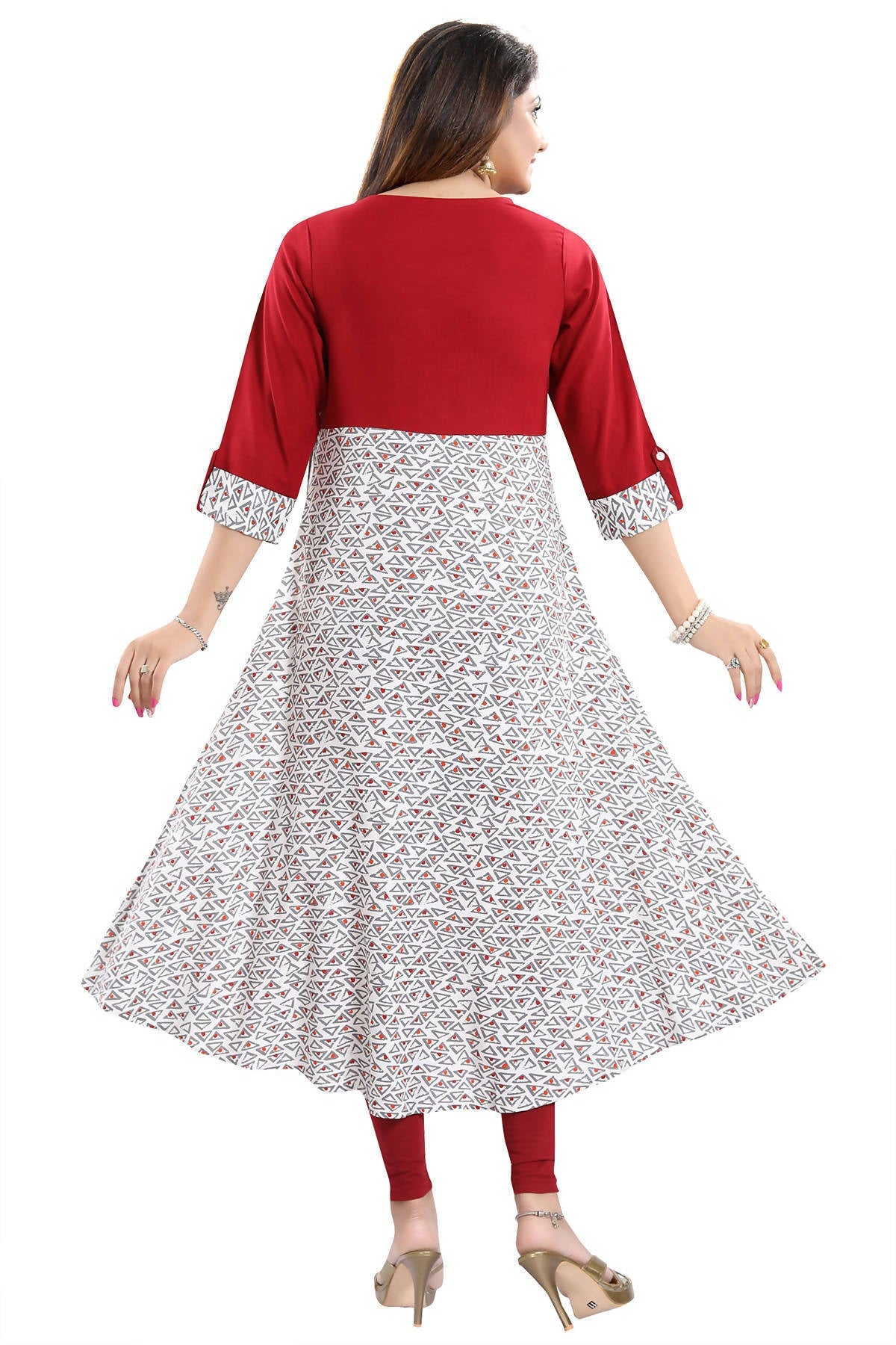 Snehal Creations Magnificent Maroon Rayon Printed Flared Long Tunic