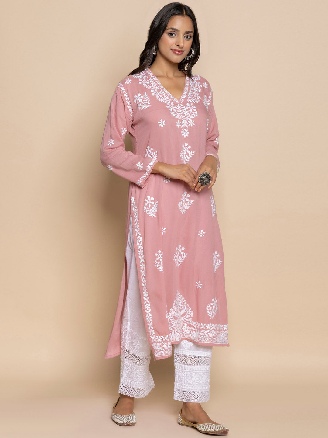 HOUSE OF KARI Floral Embroidered Fizaa Chikankari Pure Cotton Straight Kurta
