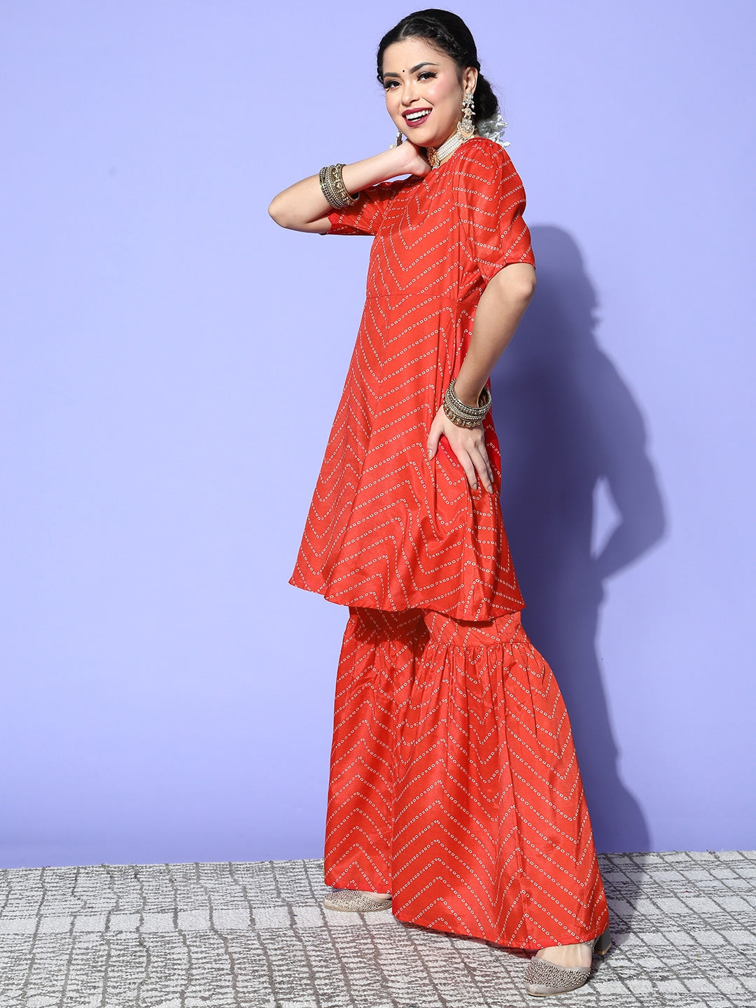 HERE&NOW Women Bandhani Polyester Fusion Bottom Kurta Set