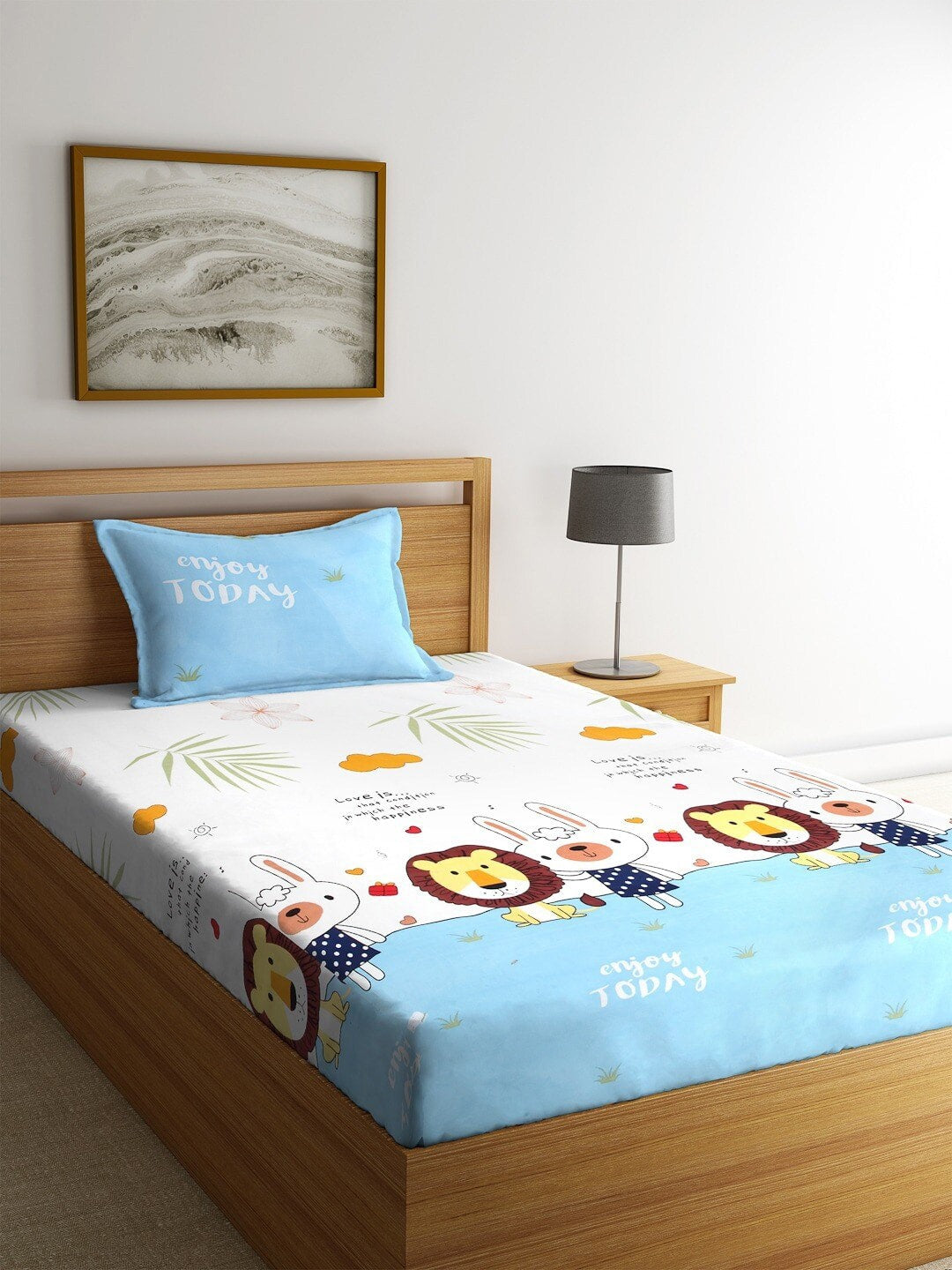 Home Sizzler White & Blue Cartoon Characters 210 TC Single Bedsheet with 1 Pillow Covers