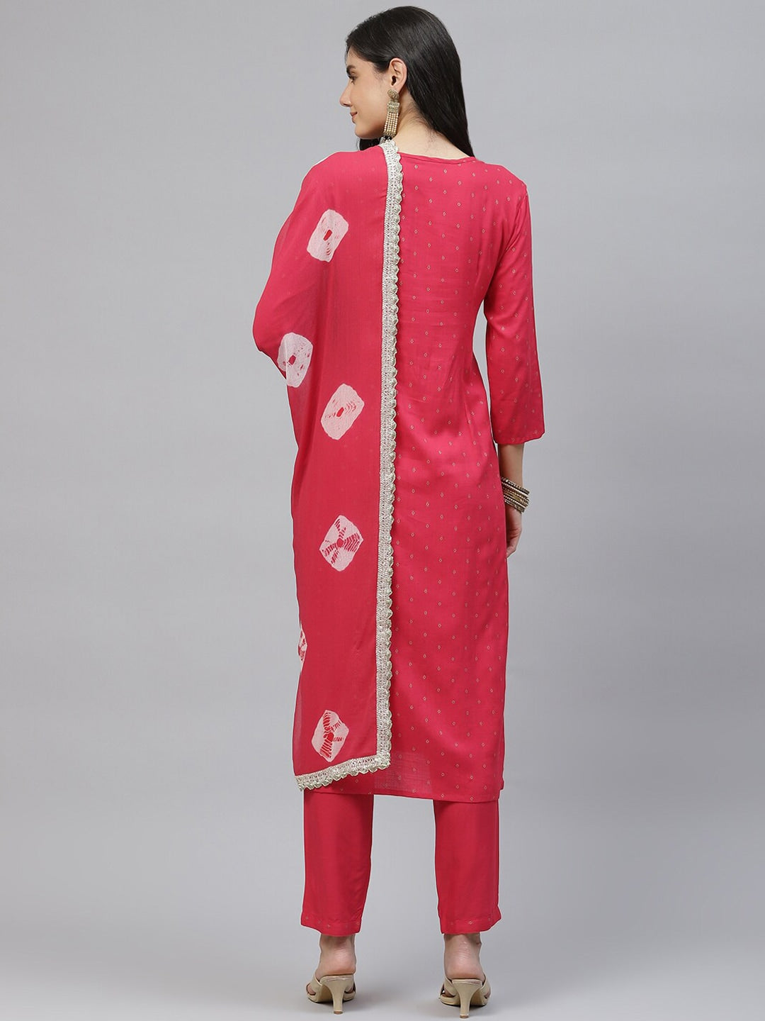 HERE&NOW Women Red Embroidered Kurta with Trousers & With Dupatta