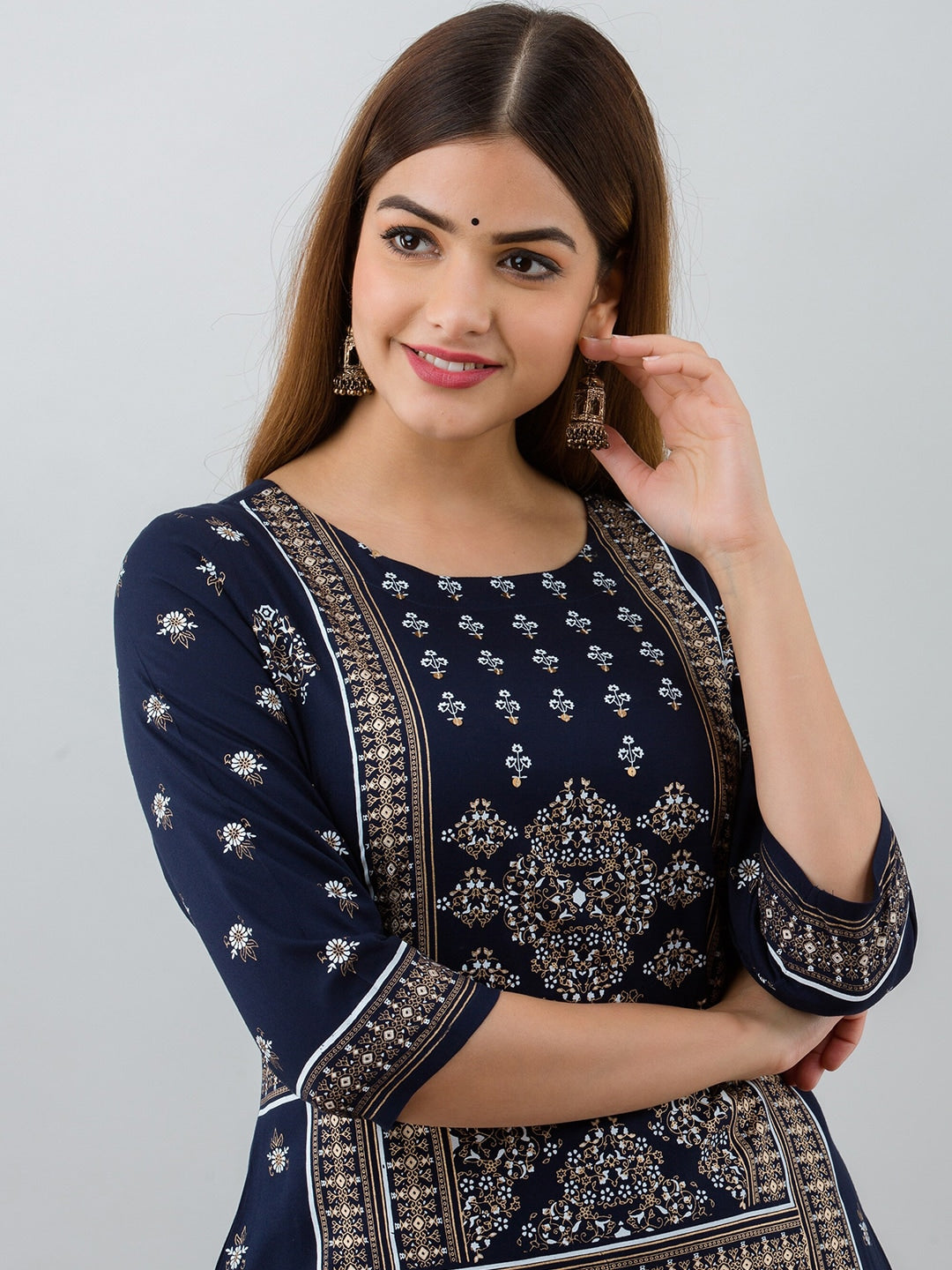 HERE&NOW Navy Blue Ethnic Motifs Printed Kurta with Trousers