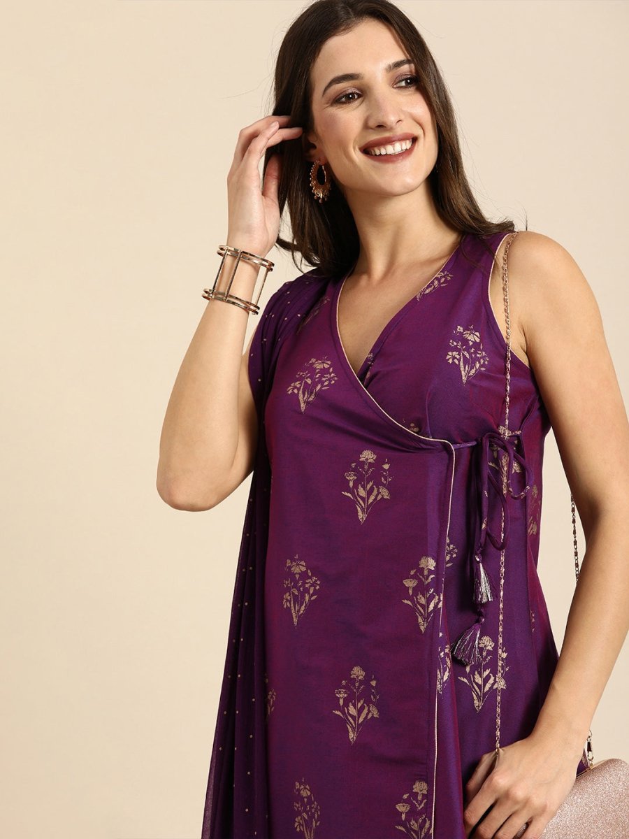 All About You Women Purple Ethnic Motifs Foil Printed Angrakha Kurta Set