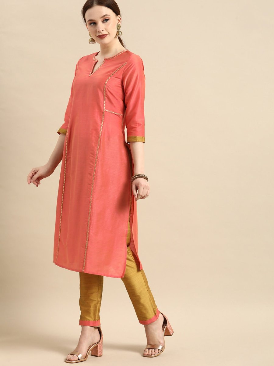 All About You Women Peach-Coloured Embroidered Kurta with Trousers