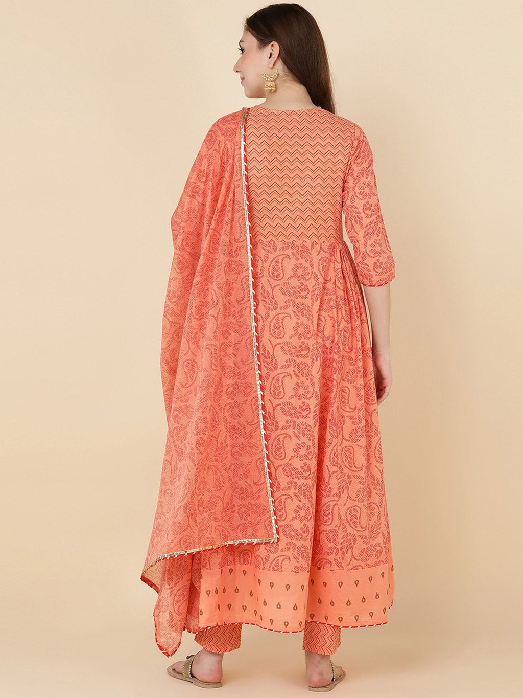 HERE&NOW Women Orange Embroidered Pure Cotton Kurta with Trousers & With Dupatta