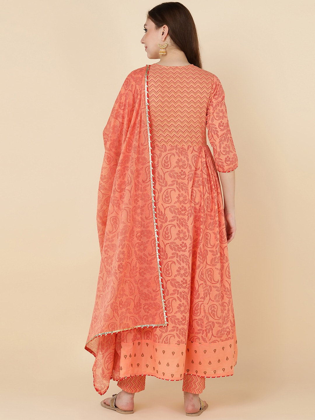 HERE&NOW Women Orange Embroidered Pure Cotton Kurta with Trousers & With Dupatta