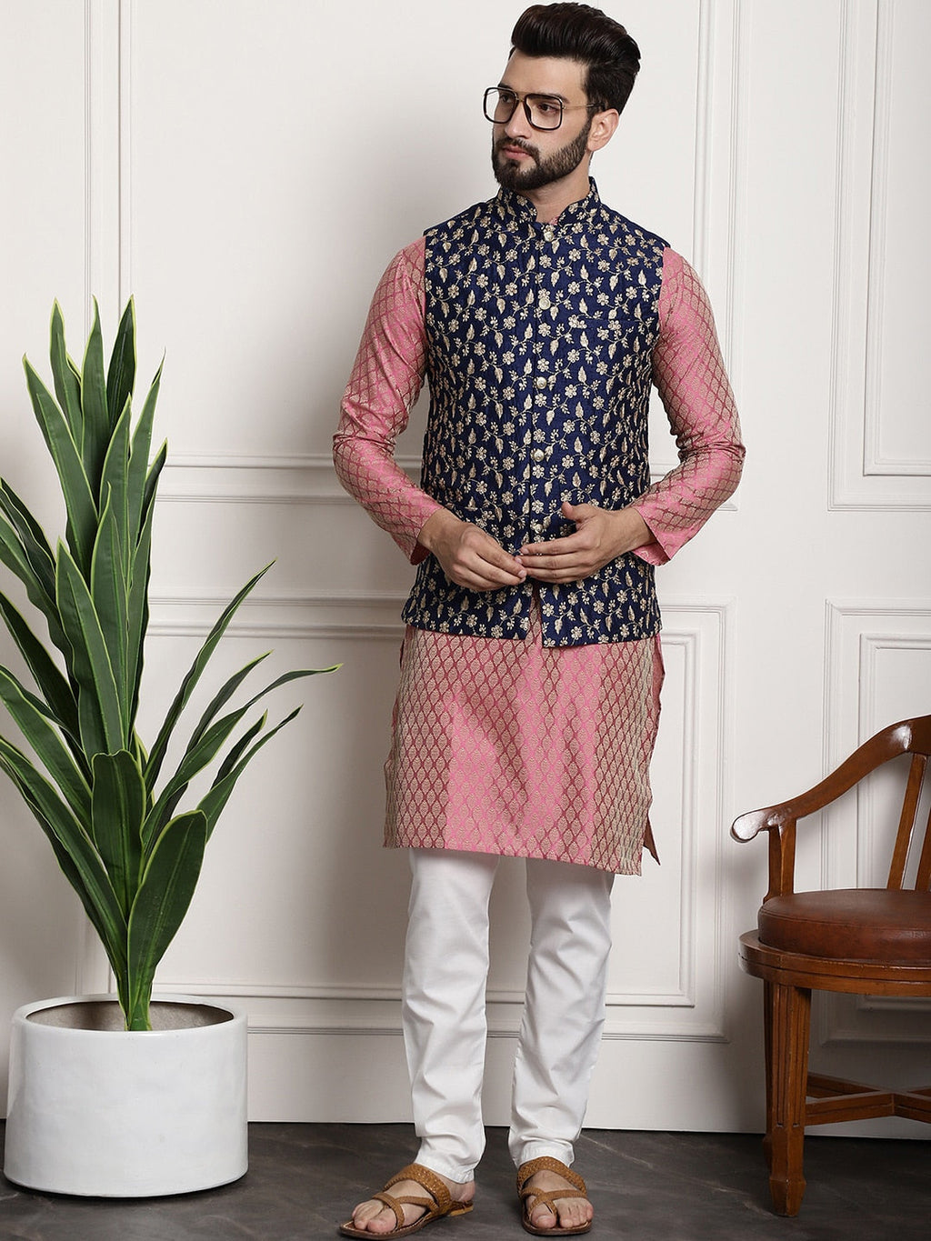 Sojanya Woven Design Mandarin Collar Kurta with Churidar & Nehru Jacket