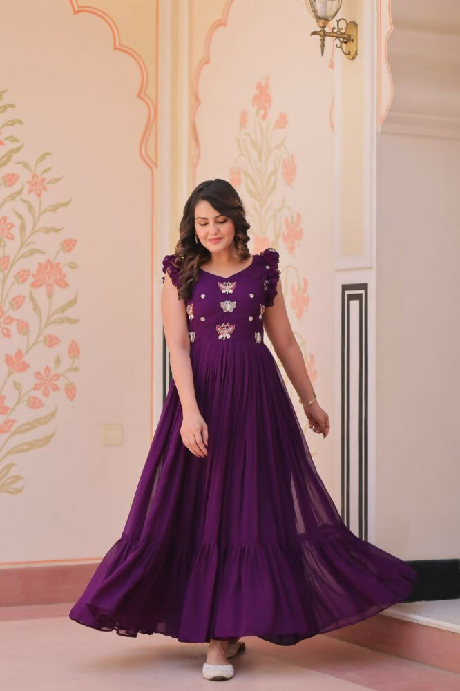 Vastranavya Purple Faux Blooming With Sequins Multithreaded Beads Embroidered work Gown