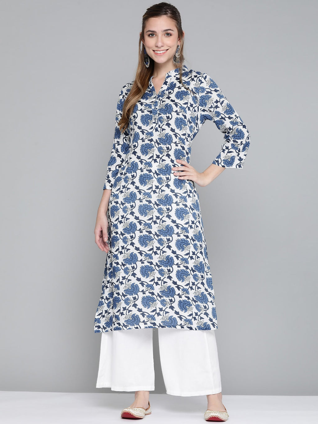HERE&NOW Women White & Navy Blue Ethnic Motifs Printed Kurta