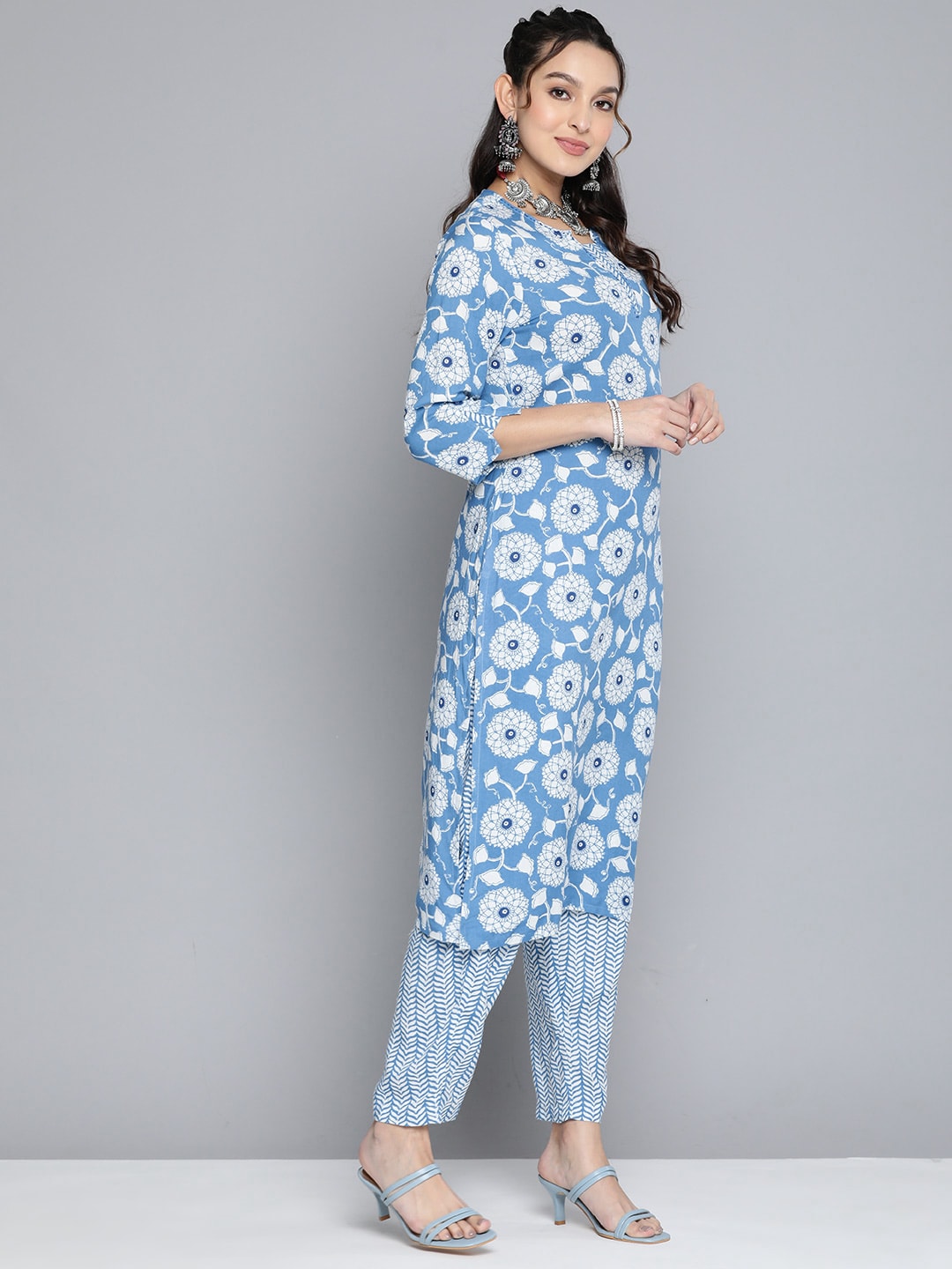 HERE&NOW Women Ethnic Motifs Printed Kantha Work Kurta With Trousers