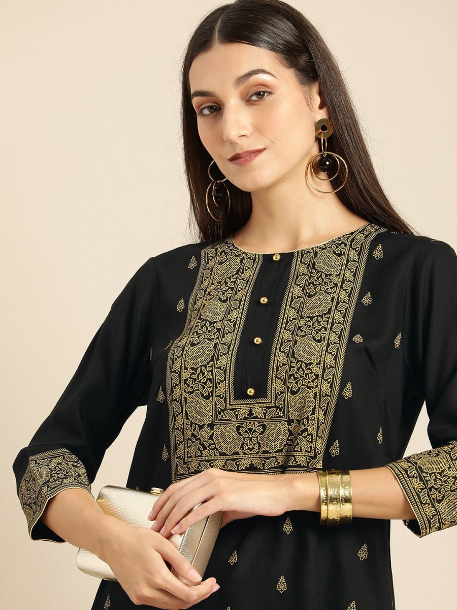 All About You Women Black & Mustard Yellow Printed Kurta with Trousers