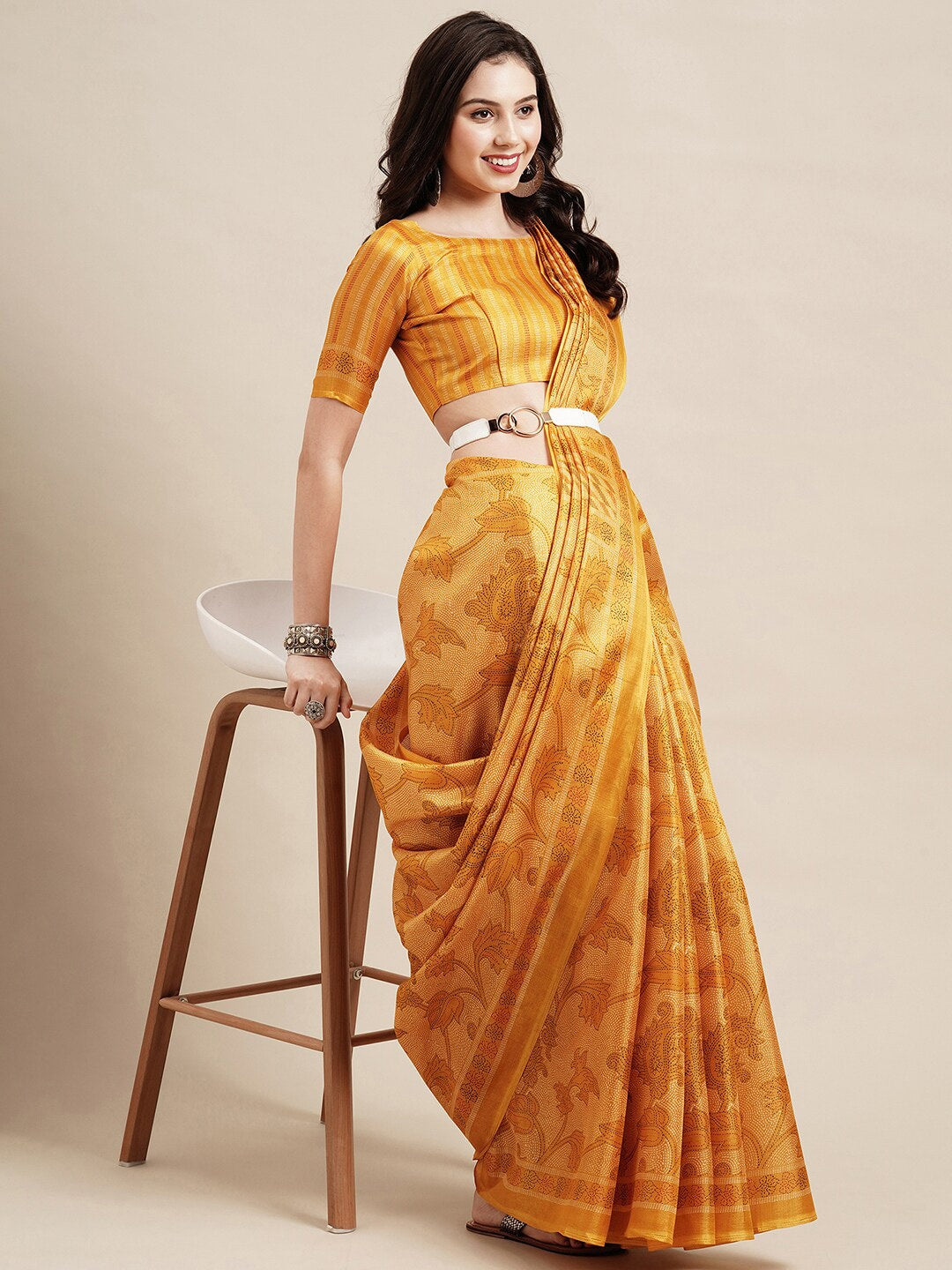 Saree Mall Yellow Floral Printed Bhagalpuri Saree