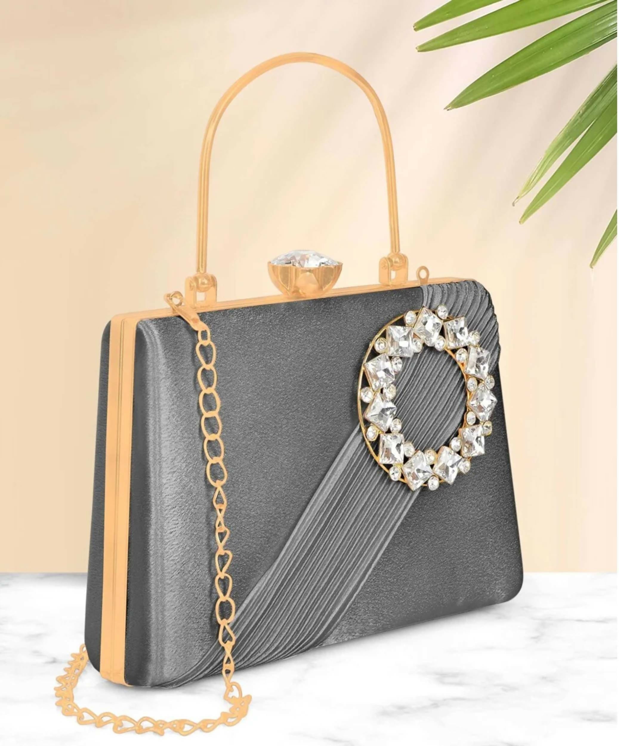 Joban Fashion Luxurious Satin Evening Clutch With Detachable Chain Strap - Grey