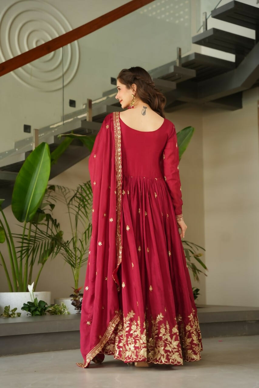 Teeya Creation Maroon Color Chinon Silk Party Wear Long Gown