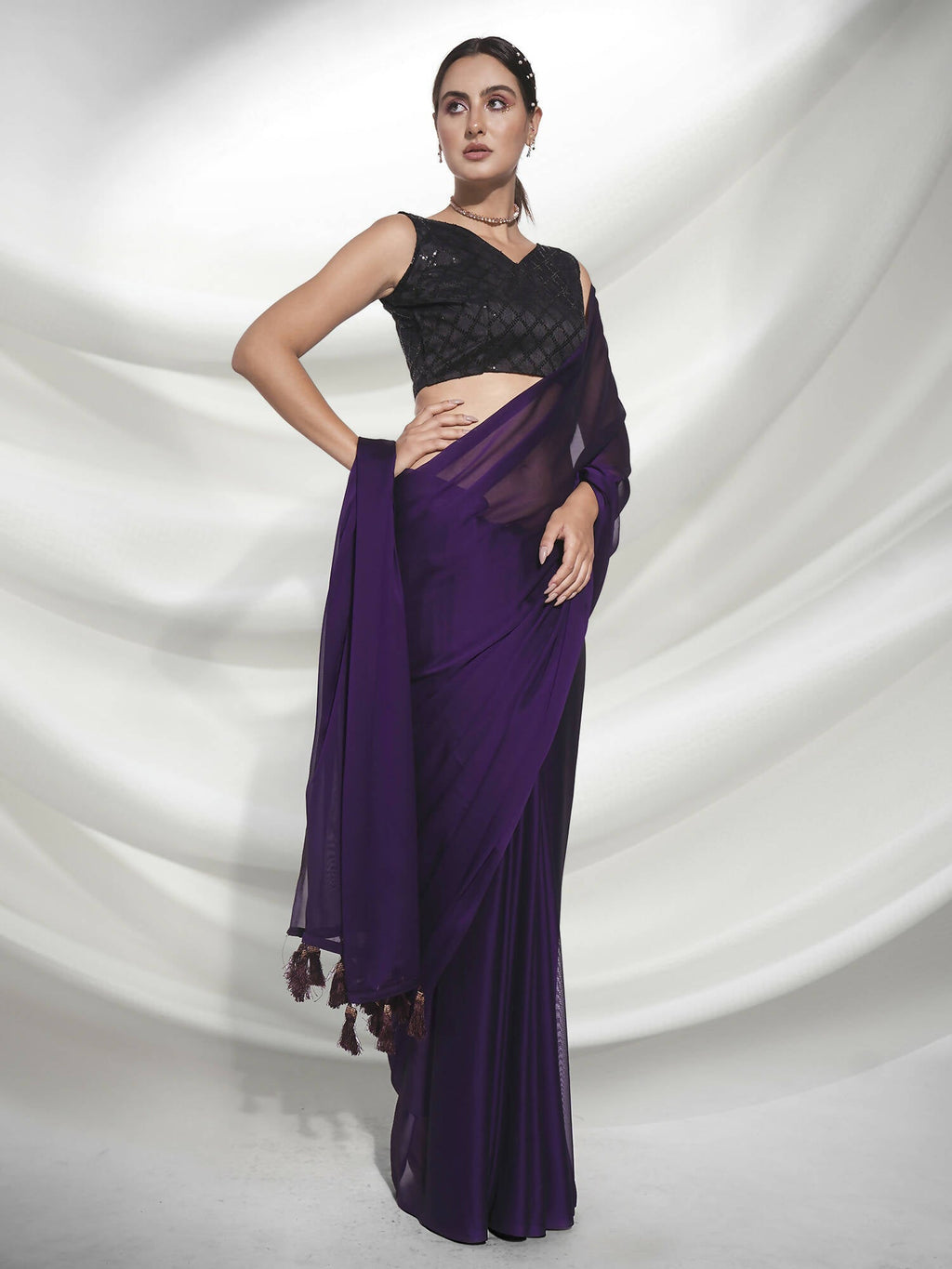 Purple Organza Solid Saree With Unstitched Blouse Piece - Shanaya