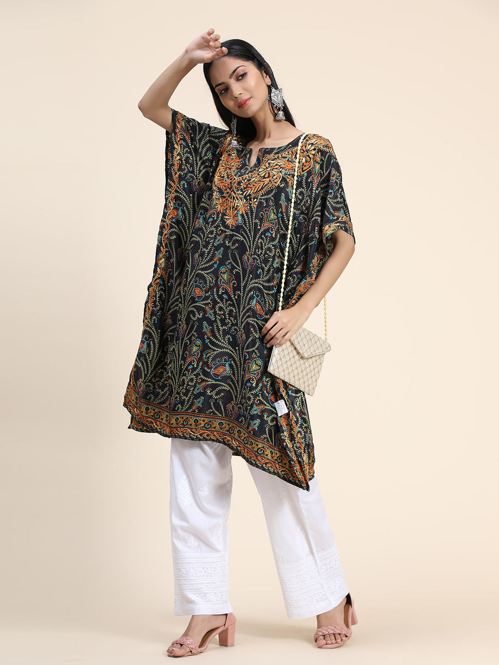 HOUSE OF KARI Ethnic Motifs Printed Chikankari Embroidery Cotton Kaftan Kurta