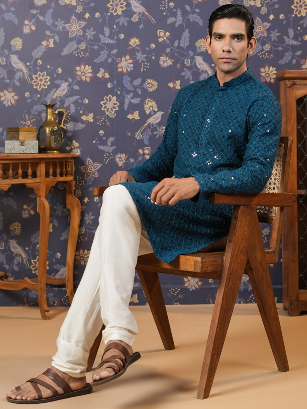 House of Pataudi Ethnic Motifs Embroidered Sequinned Straight Kurta With Churidar