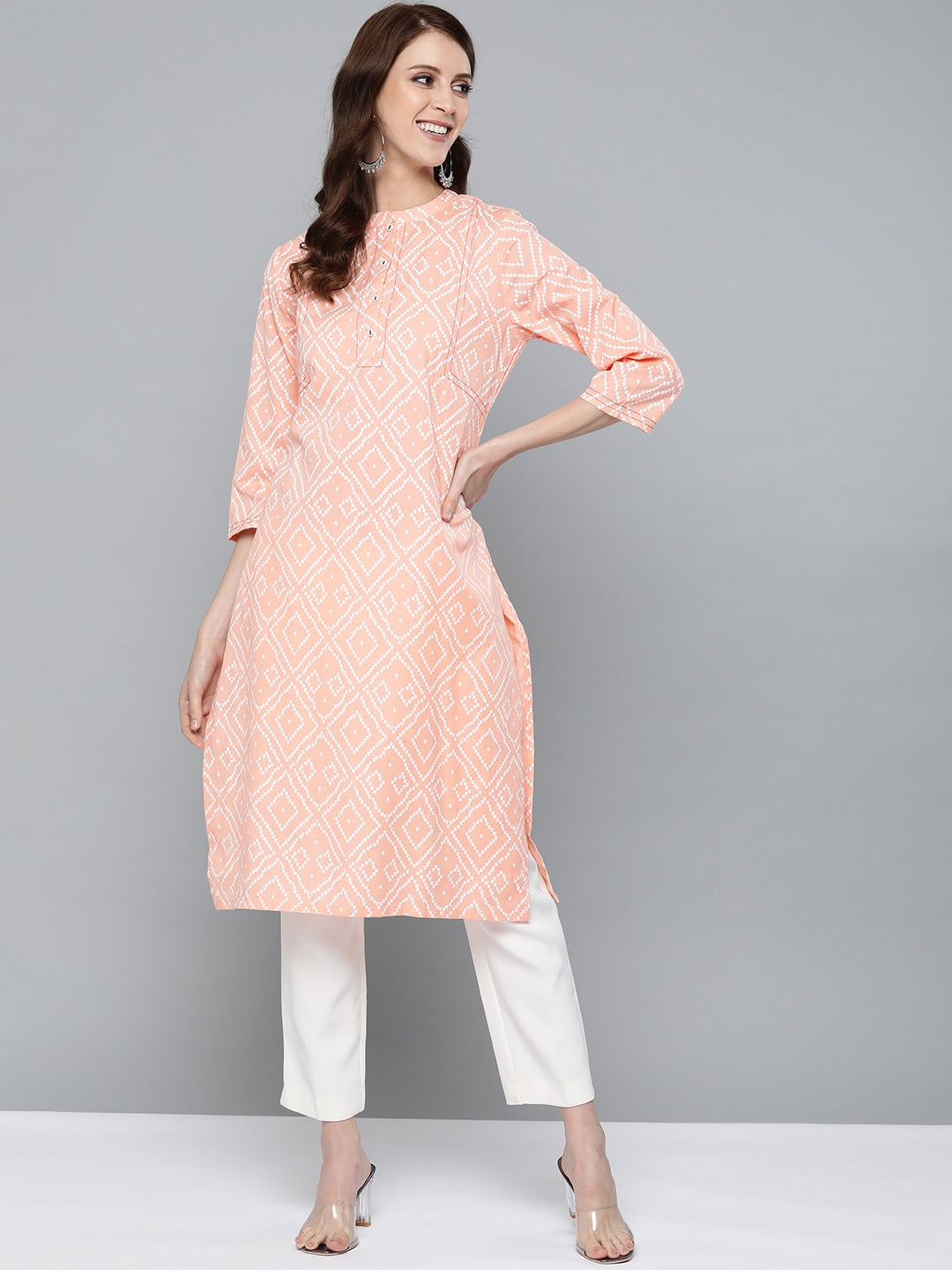 HERE&NOW Women Peach-Coloured & White Bandhani Print Straight Kurta