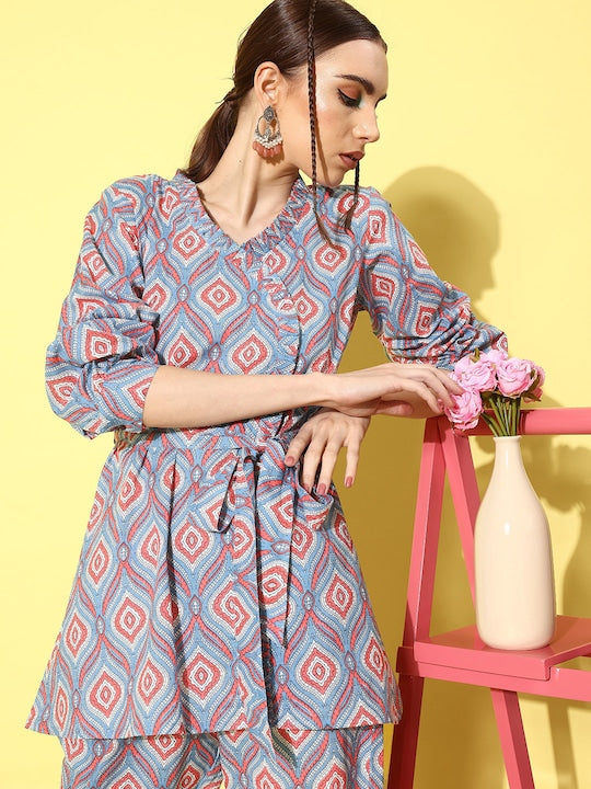 InWeave Women's Blue Pink Ogee Print Belted Coord Set