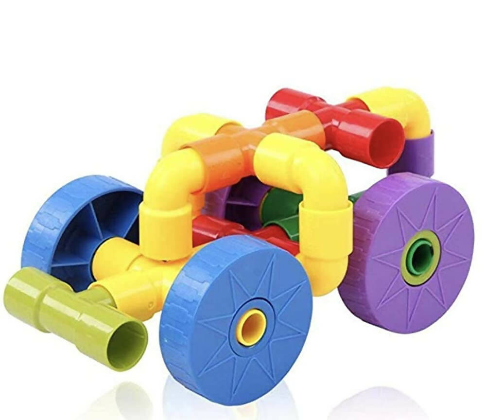 Kipa 150 Pieces Pipe Puzzle with Storage Container, Educational & Intellectual Playing Model Construction Blocks with Rolling Wheelbase