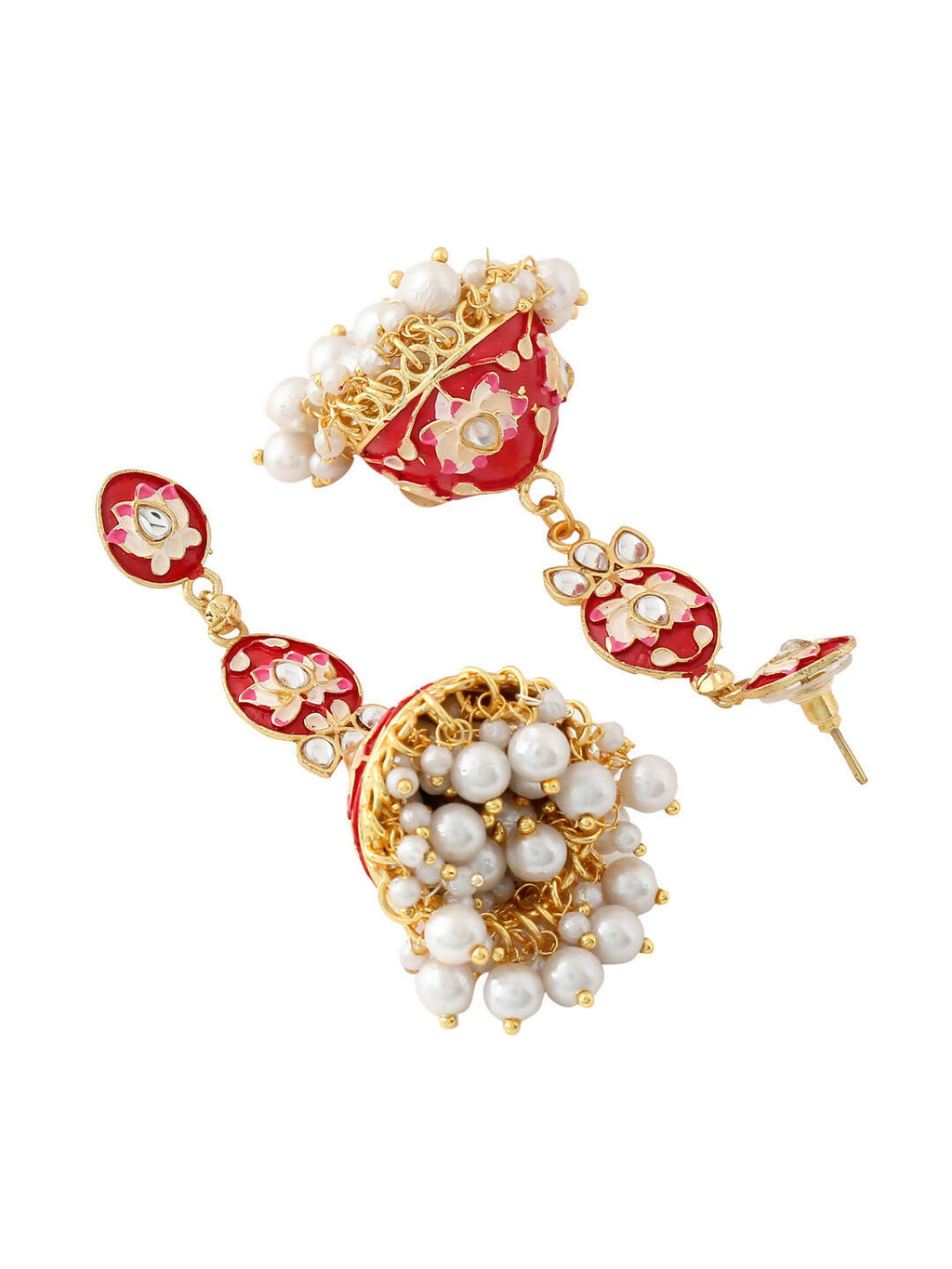 NVR Women Gold-Polished Red Kundan Jhumkas Earrings