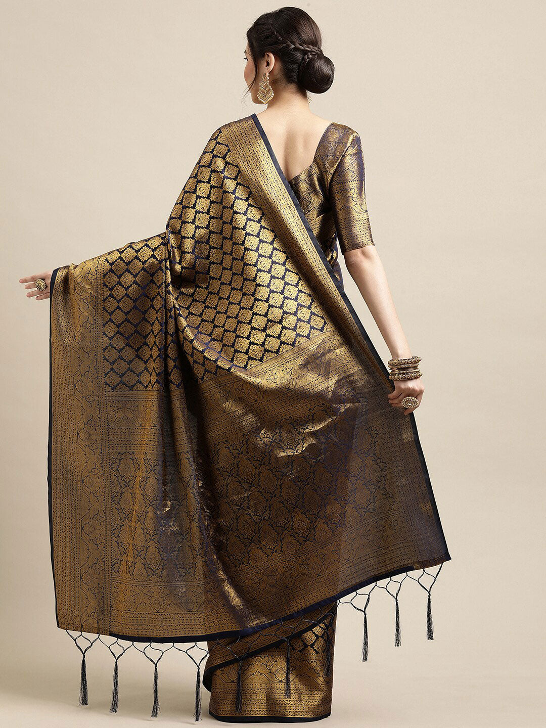 Saree Mall Navy Blue & Gold-Toned Ethnic Motifs Zari Silk Blend Banarasi Saree