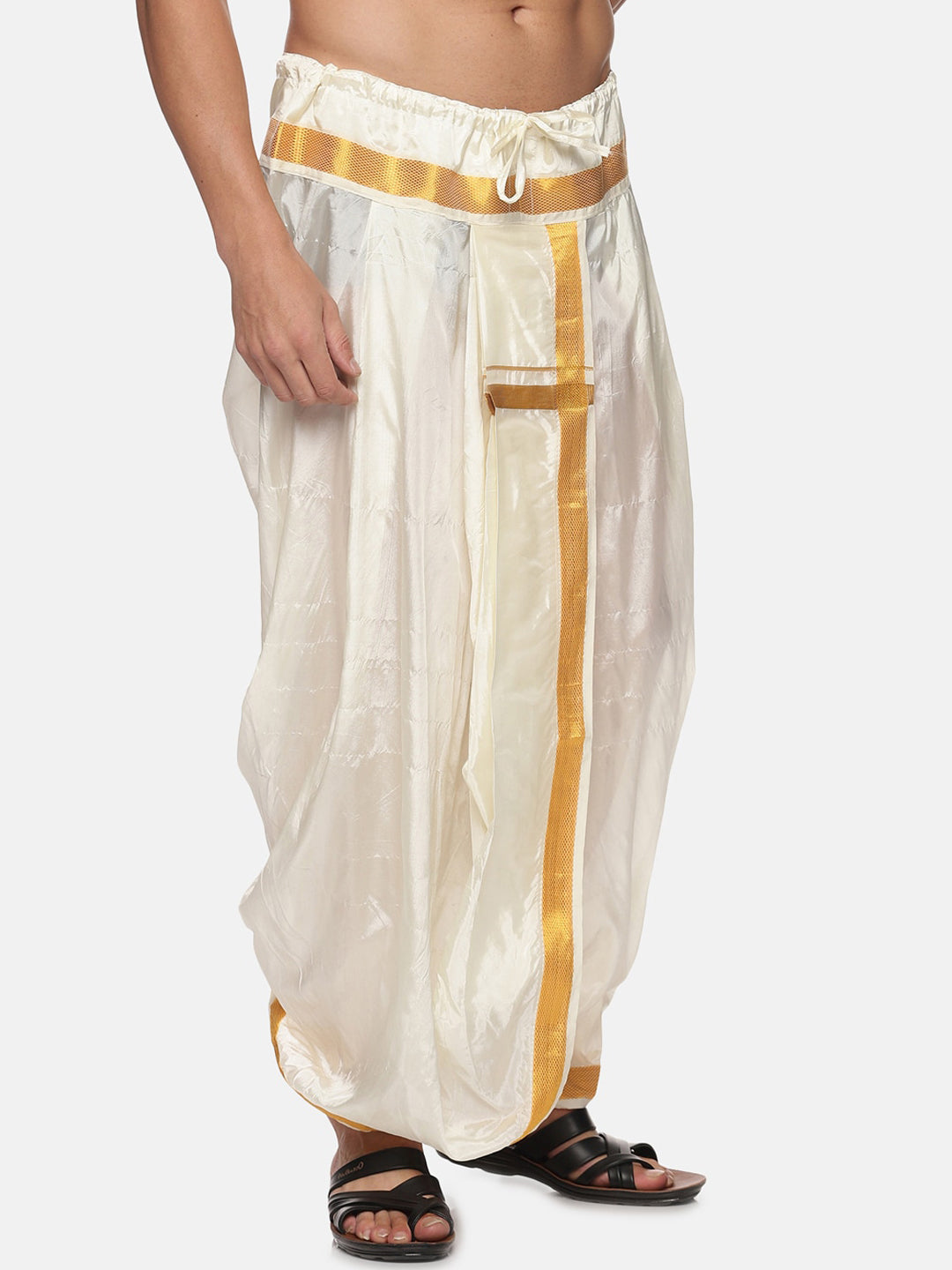 Sethukrishna Men Cream-Coloured & Gold-Coloured Solid Art Silk Dhoti Pants