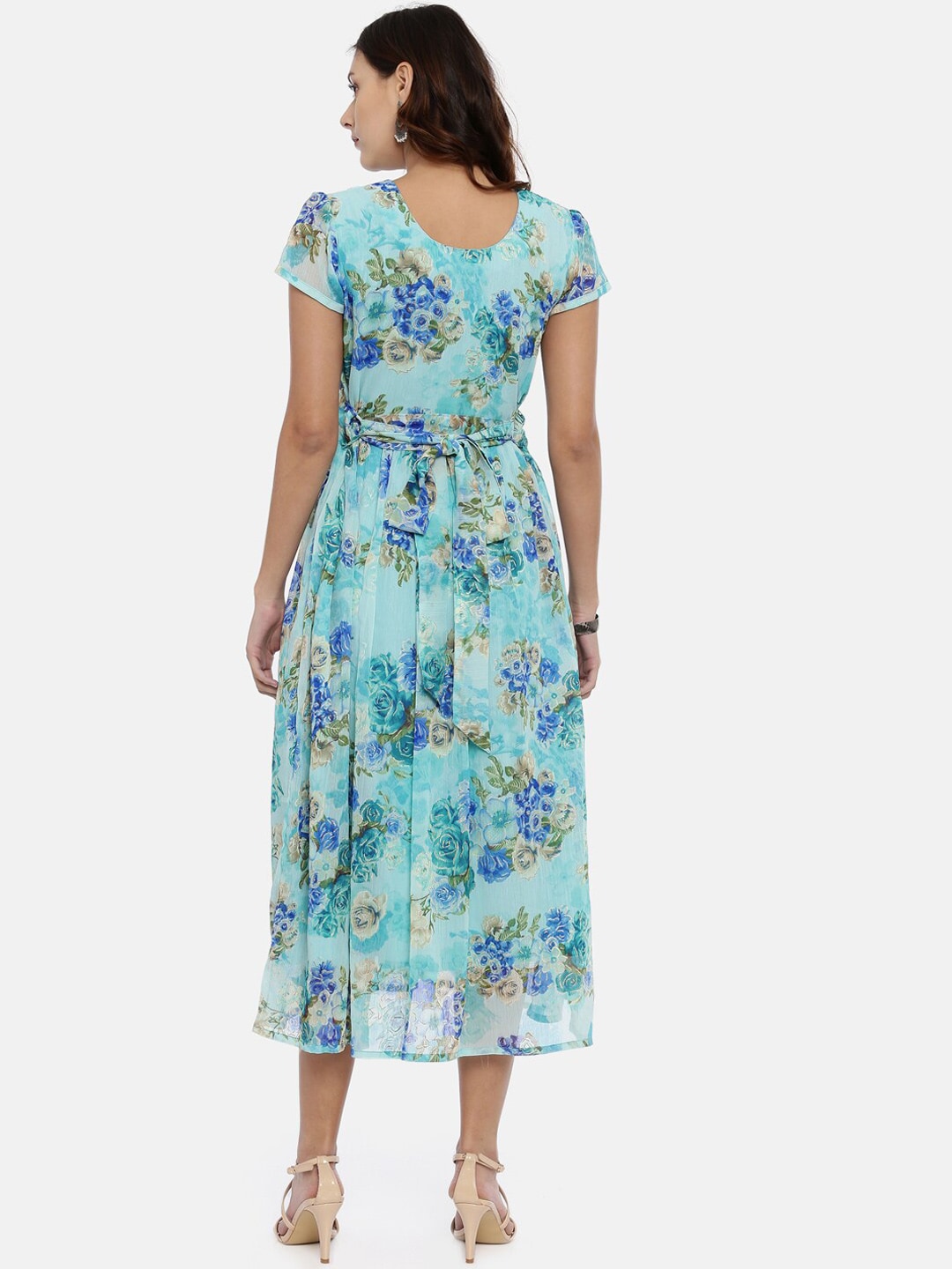 Souchii Sea Green & Blue Floral Printed A-Line Dress