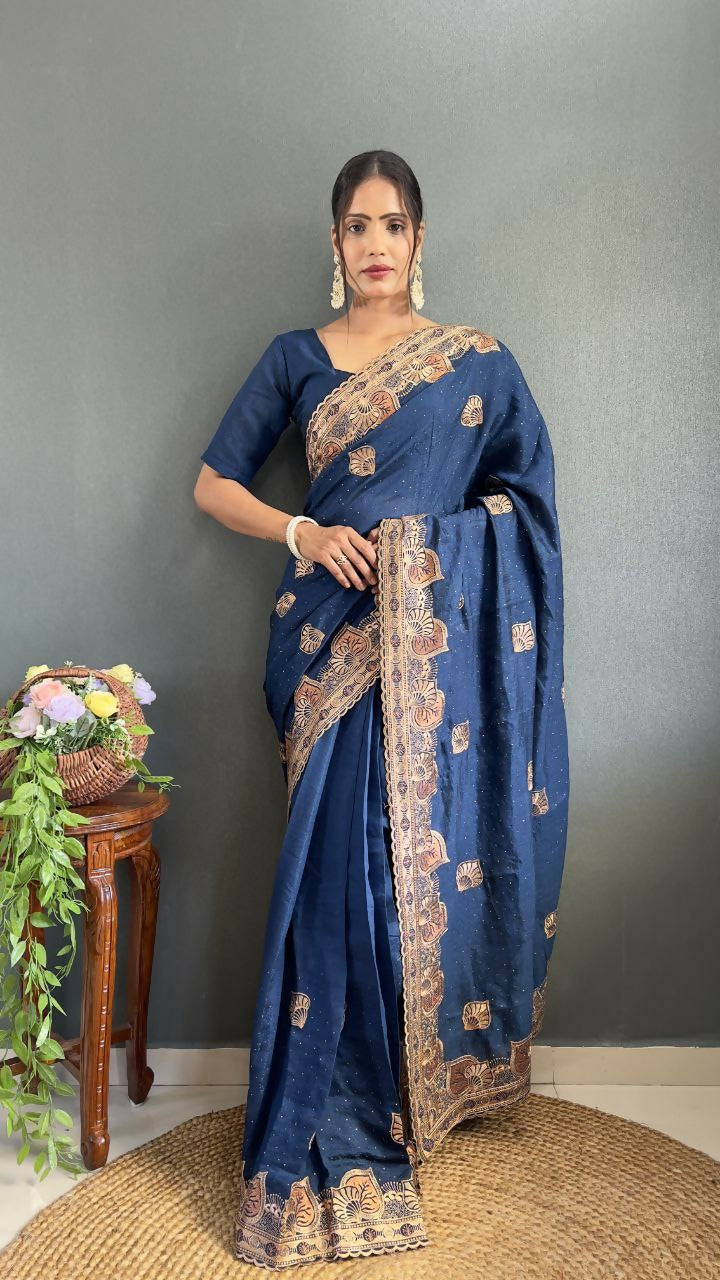 Vastranavya Blue Vichitra Silk Zari with Swarovski Work Ready to Wear Saree