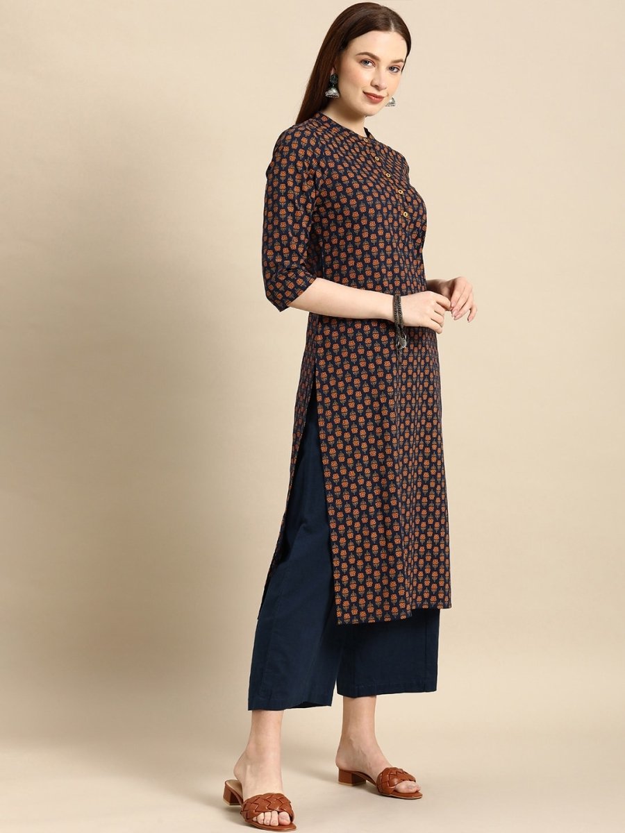 All About You Women Navy Blue & Gold-Toned Ethnic Motifs Printed Regular Kurta